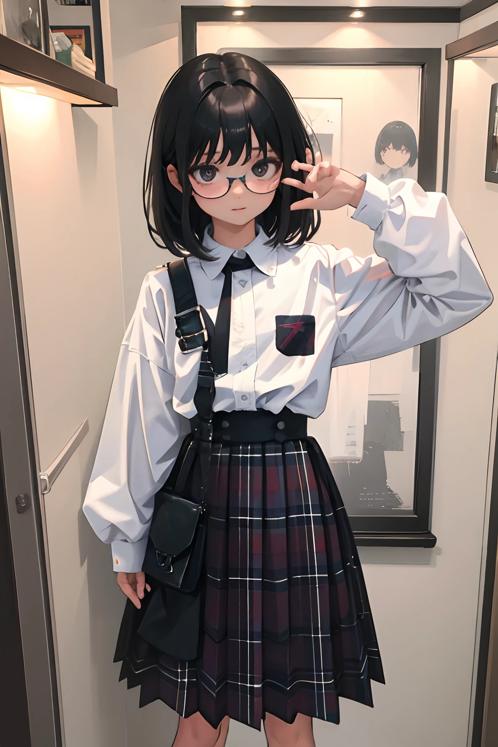 ,(masterpiece,Highest Quality),black parker,plaid skirts,A dark-haired
