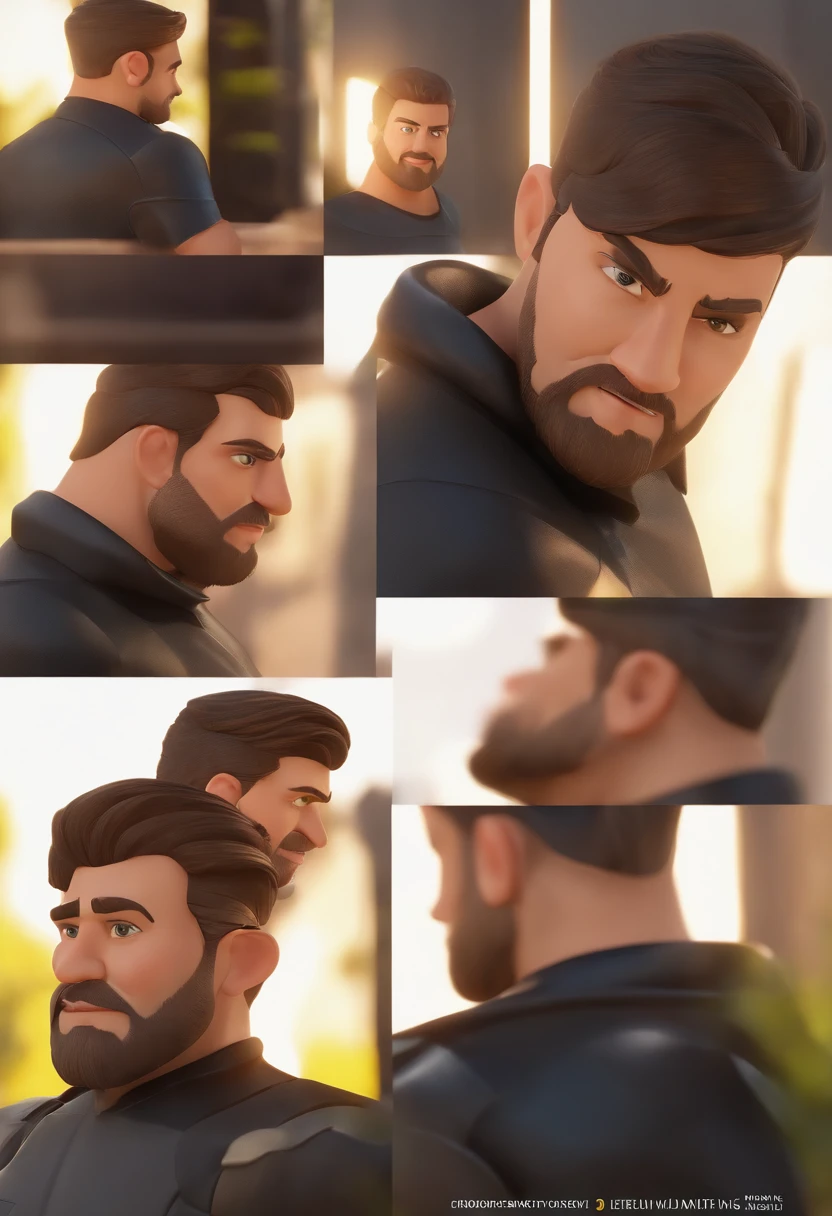 Cartoon character of a man wearing black shirt, hair color yellow, beard yellow, green eyes, um personagem animado, Caractere estilizado, animation style rendering, 3D estilizado, Arnold Maya render, 3 d render stylized, toon render keyshot, Personagem 3D, Personagem 3D, 3d rendering stylized, 3 d character render, personagem de desenho animado, Personagem de close up, Pose de personagem, (Estilo Pixar) (master part:1.2) (Bokeh) (best quality) (pele detalhada) (textura detalhada) (8k) (argila) (Cinematic lighting) (foco nítido,Senta e vaza a parte superior do corpo