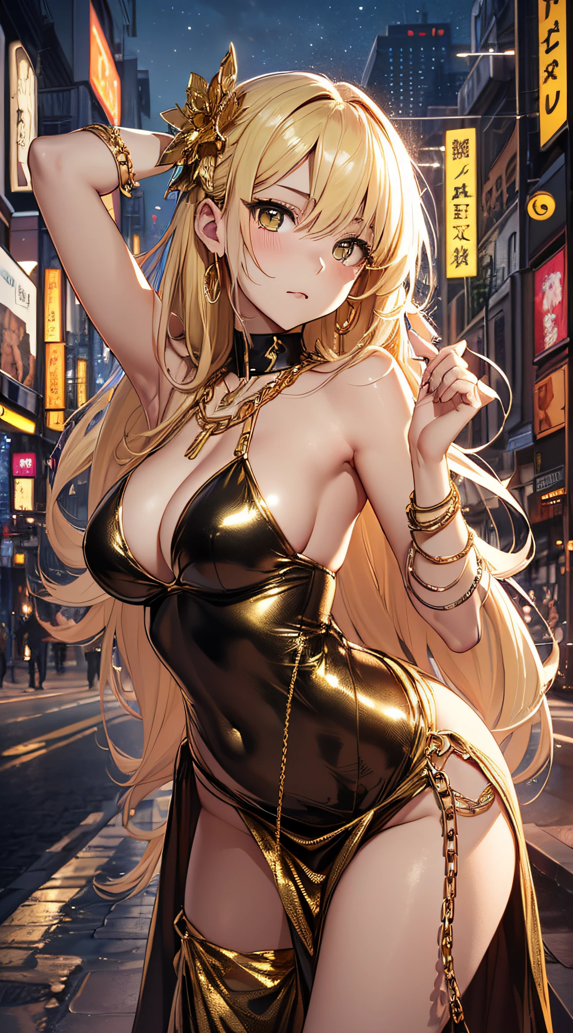 top-quality、Top image quality、masterpiece、girl with((20yr old、Best Bust、big bast、Bust 85,beautiful golden eyes、Breasts wide open,Blonde long hair、A slender、Large valleys、Gold Bikini、Gold Dress,Leaning forward、Lonely face、The gesture of pulling up the hair))hiquality、Beautiful Art、Background with((Fashionable night city、Golden Chain、)))masutepiece、visualart、depth of fields、