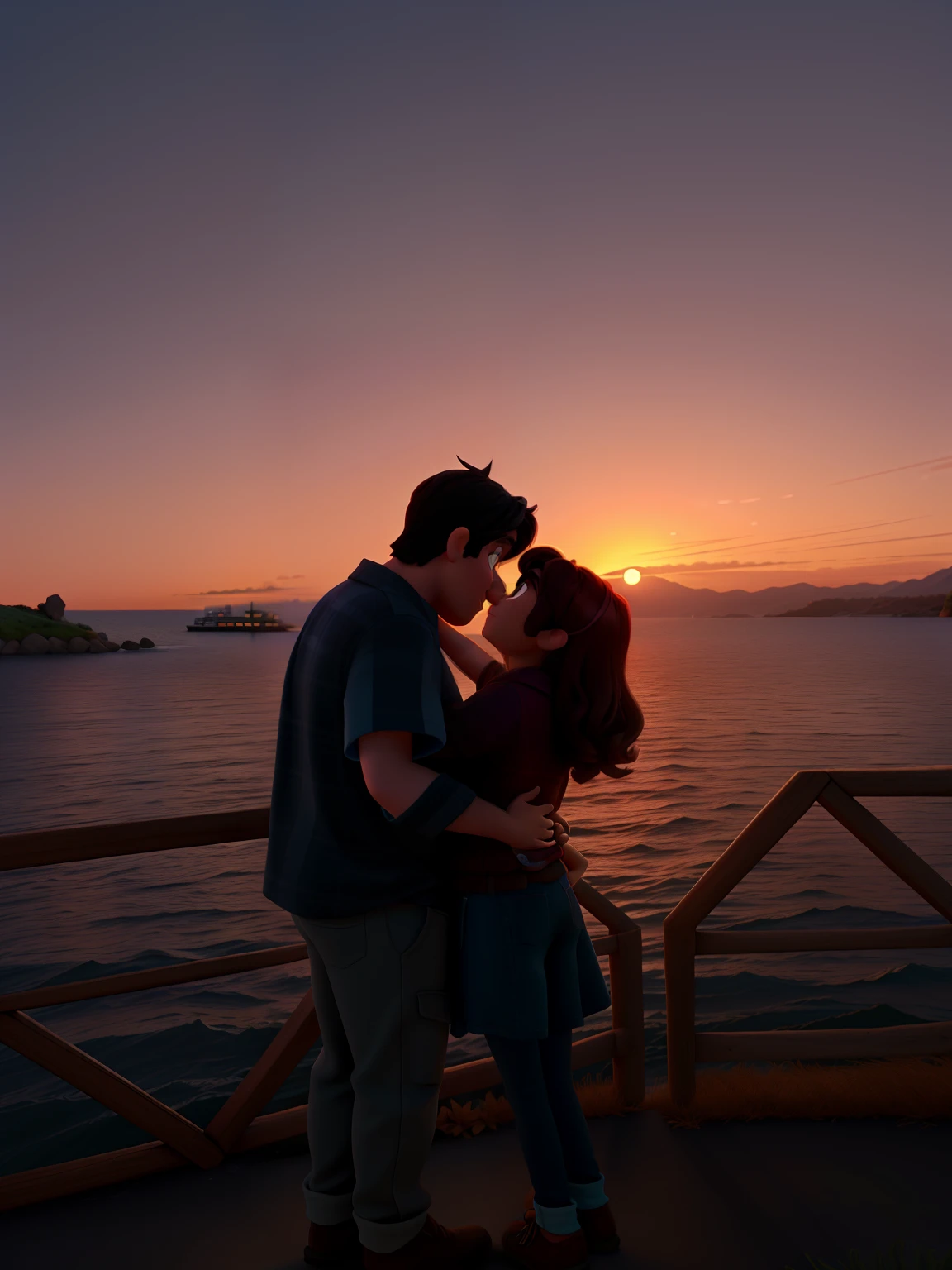 Use the same Pixar-style lighting with the sunset behind and the dark characters' faces