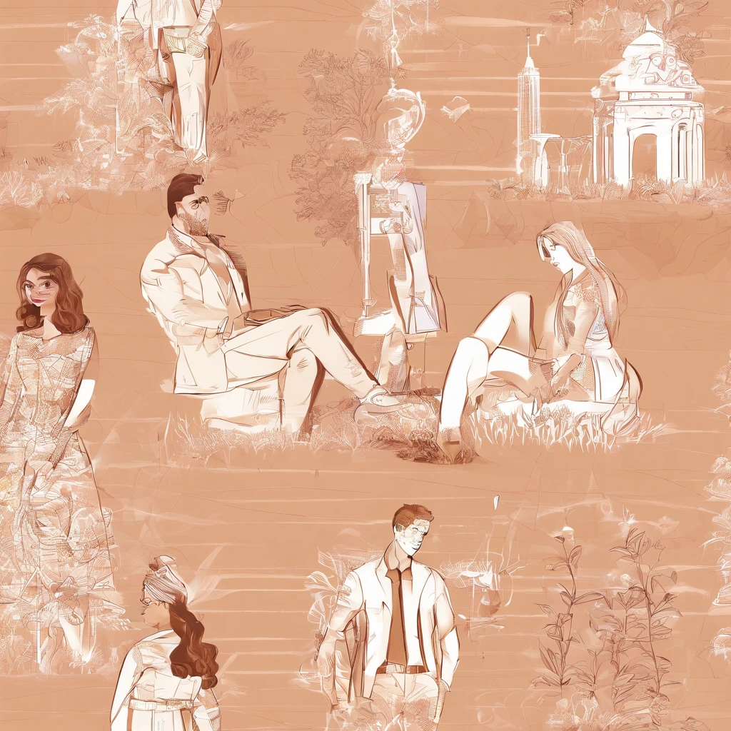 An illustration of an adorable couple, Highlight for a brown-skinned man and a white woman with beautiful expressive eyes - the man's skin is mulatto and the man's hair is straight dark brown combed to the side, ele possui barba, while the woman's skin is white and the woman's hair is long, liso e castanho. se beijando em frente ao arbusto florido, are in love, e compartilhar um momento especial caracterizado pelo amor, Insights. Illustrate this scene from a perspective where they are facing the camera, Kissing and showing your connection. Desenvolva esta arte em Full HD, Focus on your cinematic touch, Estilo Disney Pixar Animations