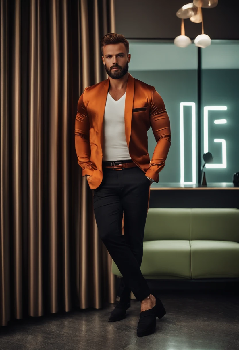 Um homem nde 31 anos careca com.batba ruiva de blusa.Black Jeans Crossed Arms Shoe. Dentro de um quarto futurista
