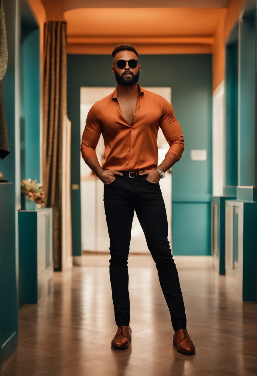 Um homem nde 31 anos careca com.batba ruiva de blusa.Black Jeans Crossed Arms Shoe. Dentro de um quarto futurista