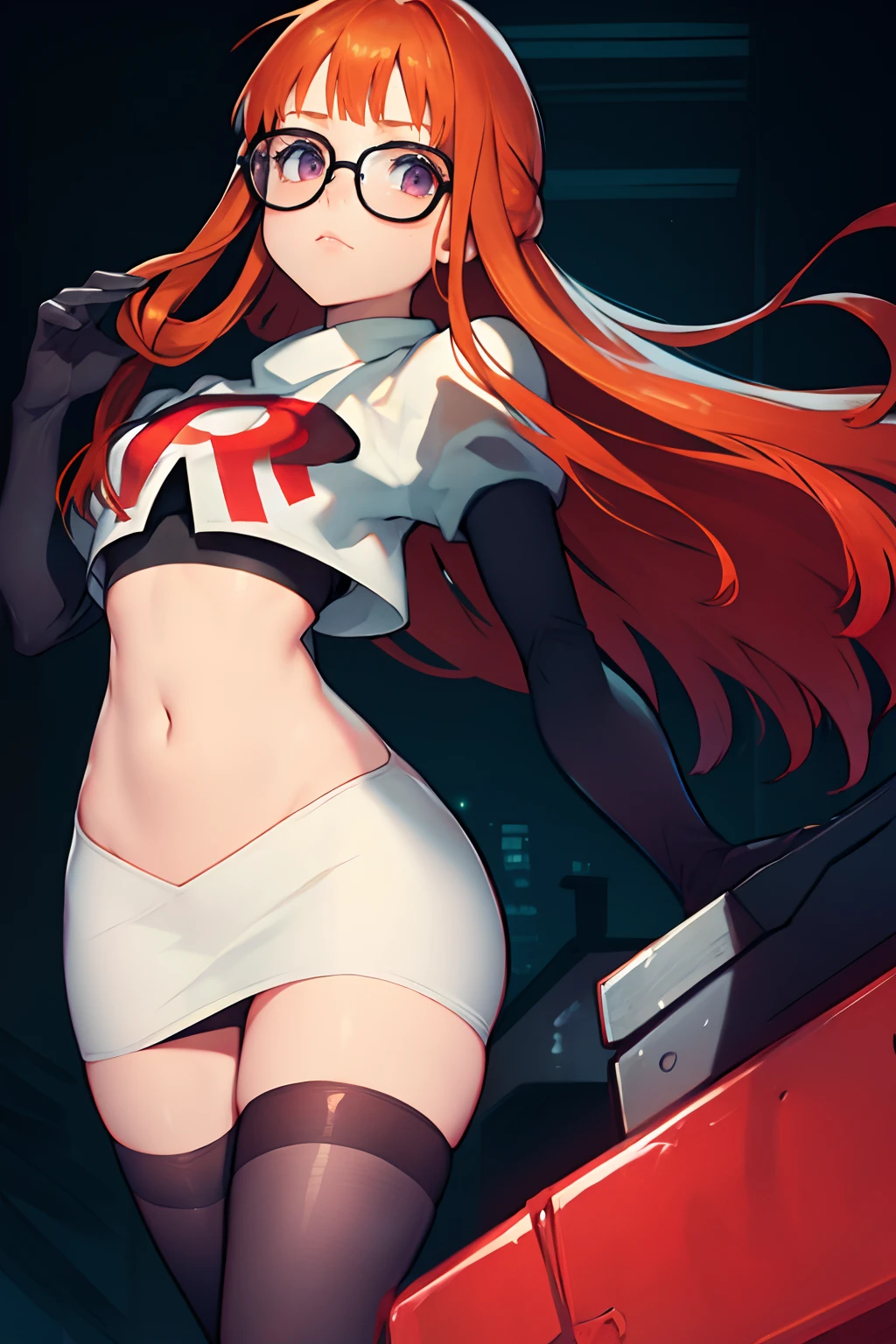 futaba sakura, orange hair, long hair, purple eyes, glasses, ahoge, team rocket, team rocket uniform, red letter R, white skirt, white crop top, black thigh-highs, black elbow gloves, typing on laptop.