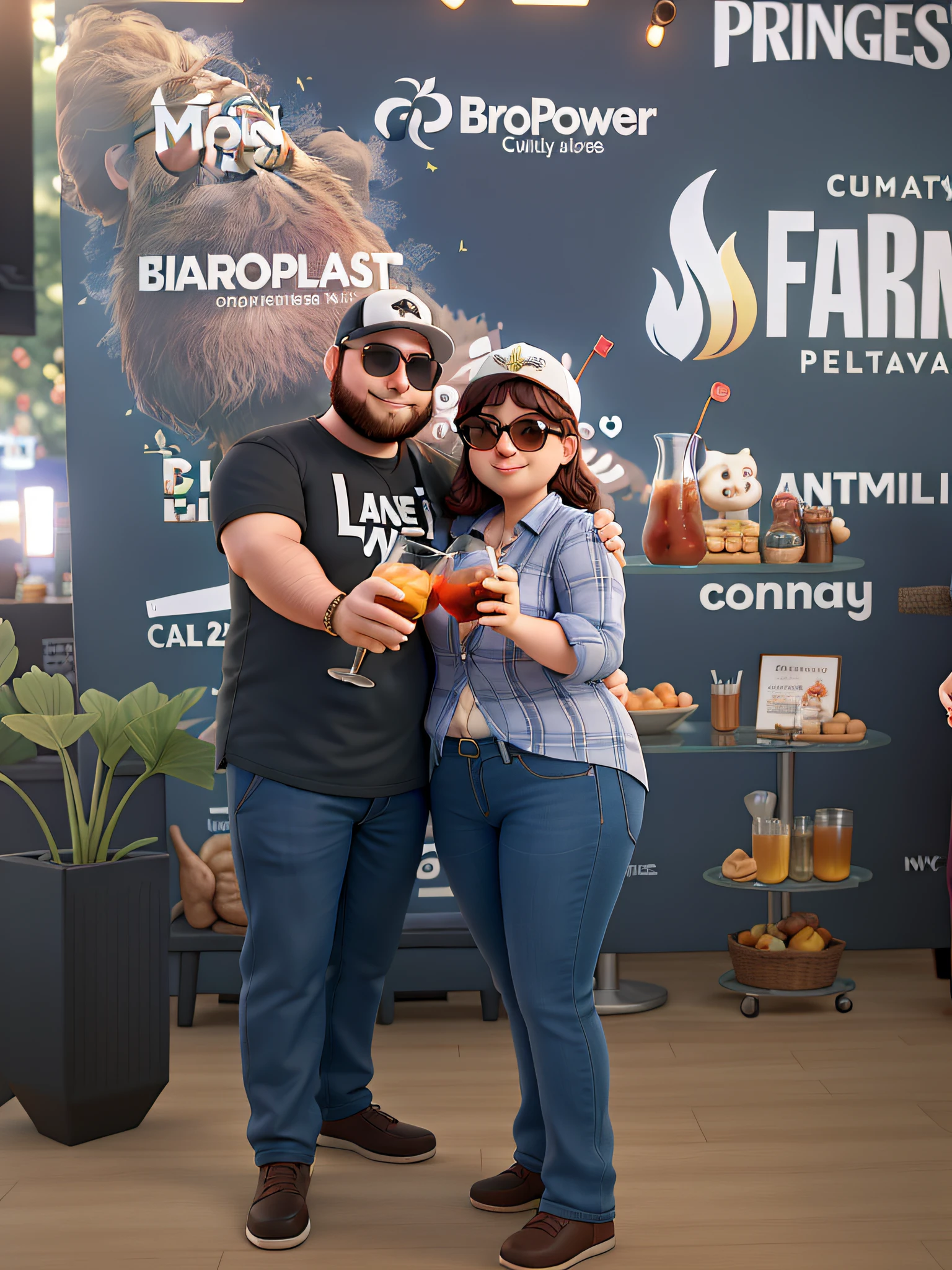 A couple hugging each other with a glass of drink in one of their outstretched hands. Chubby man with beard, cap and sunglasses. Chubby woman with sunglasses. Panel with barbecue event sponsors in the background.
