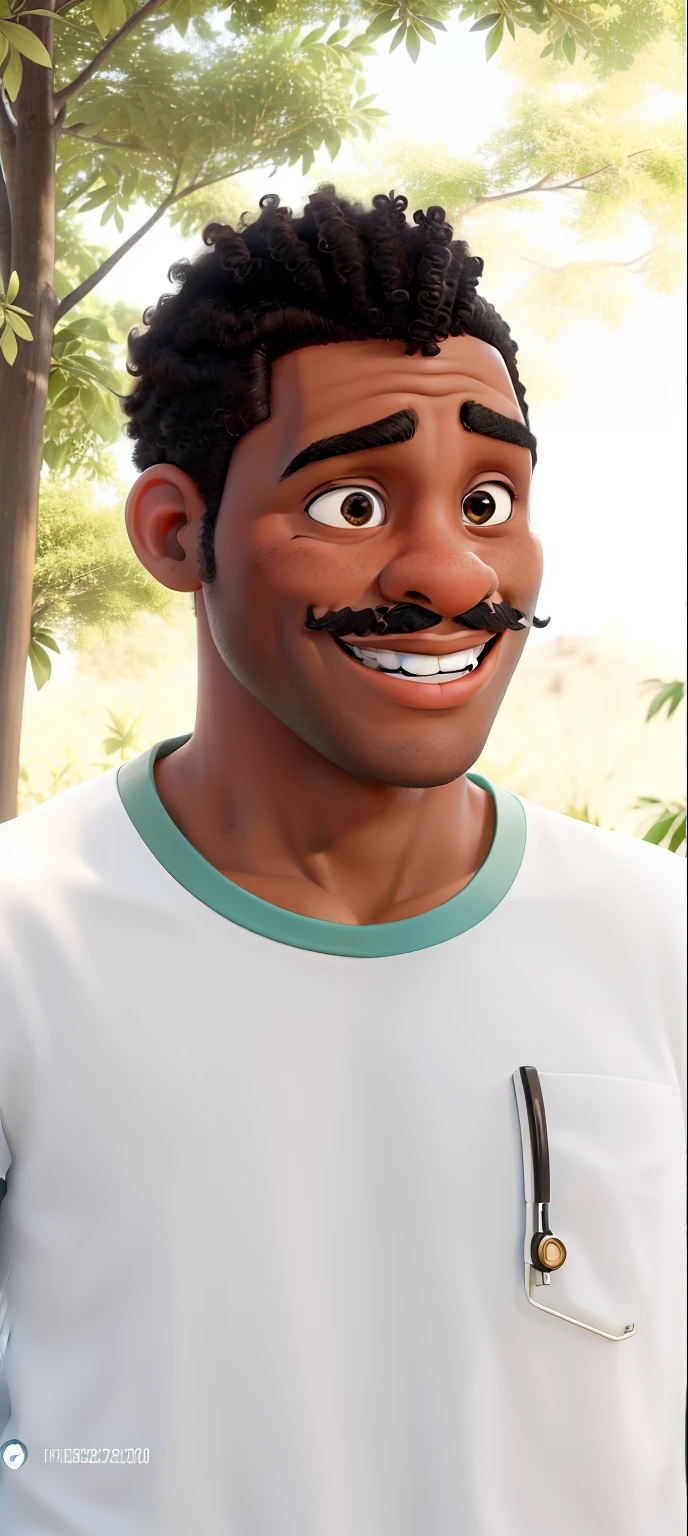obra-prima, de melhor qualidade, he is a black man in the uniform of the Federal Institute of the Triângulo Mineiro, a clear smile, a poorly made mustache, a spaced eyebrow and curly hair