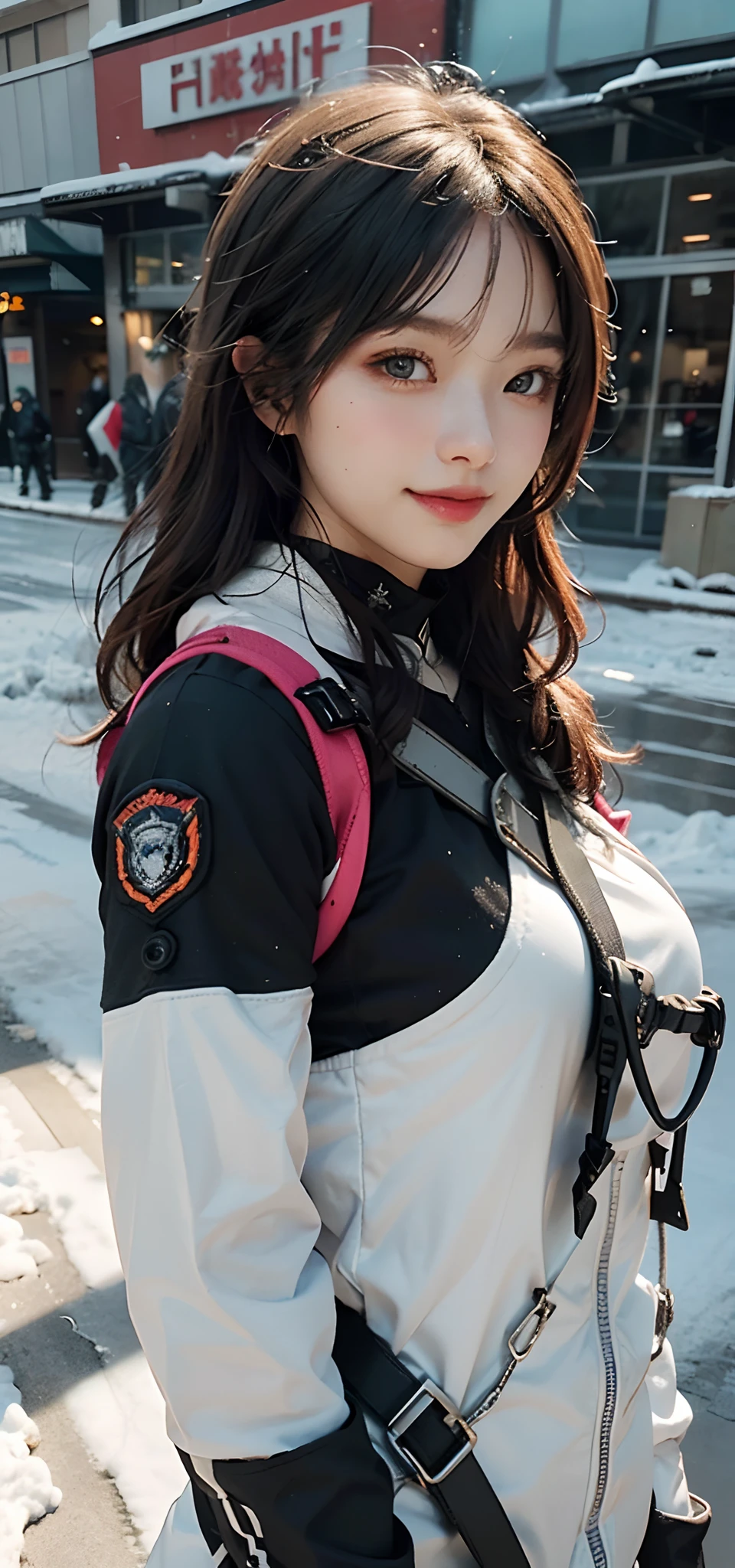 (Highest image quality, outstanding details, ultra-high resolution), 1 girl, wearing futuristic military outfit((inspired by snow boarding wears, military harness, military gears such as pouches)), (glamour body:1.2, buffed and muscular body), (a bit chubby:0.5, plump lower body), background military base, bright smile with pleasure and excitement, dynamic pose, dramatic lighting,