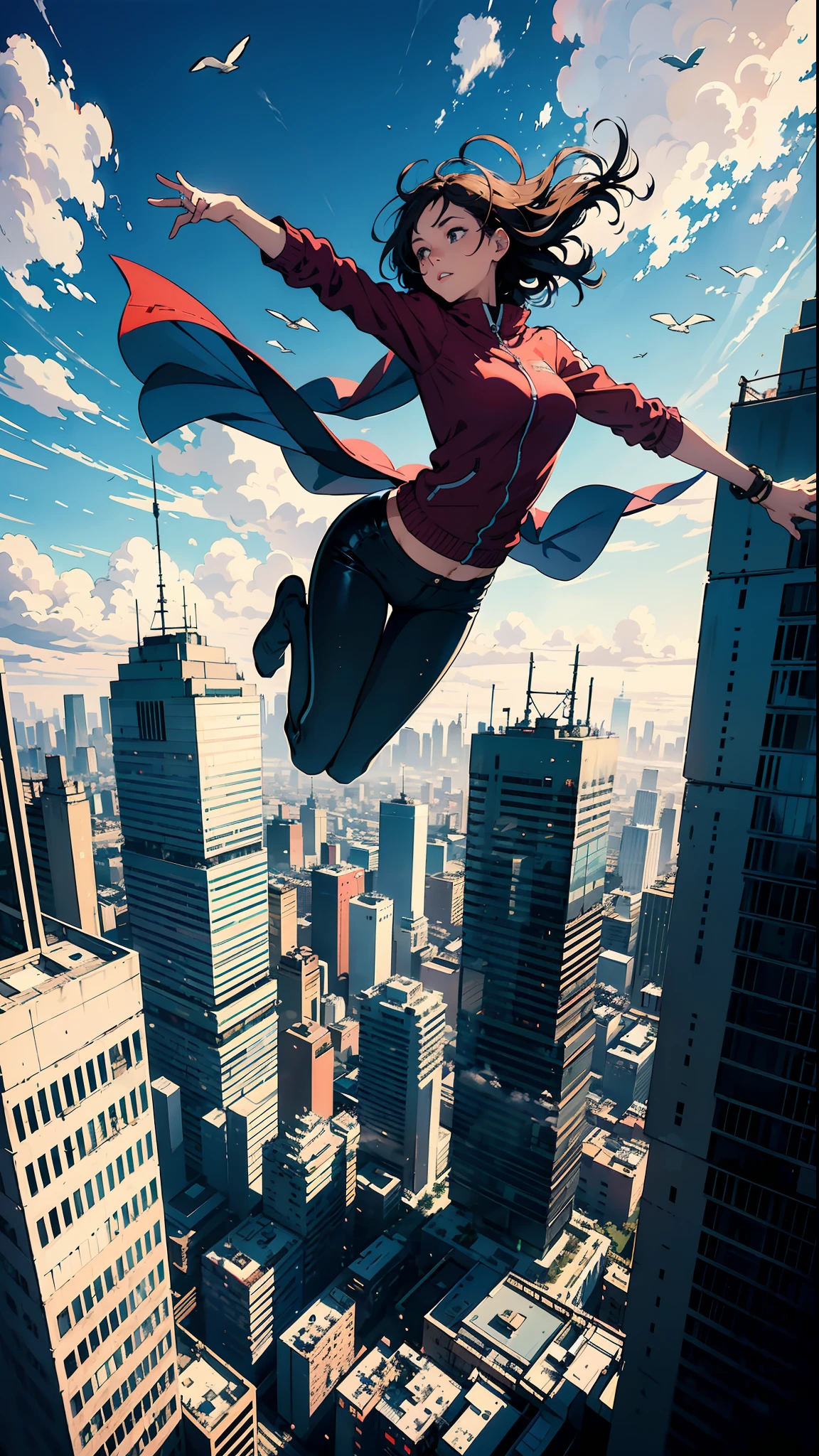 a girl flying through the air over a city with tall buildings and a sky background with clouds, (wind effect:1.2), wide shot
