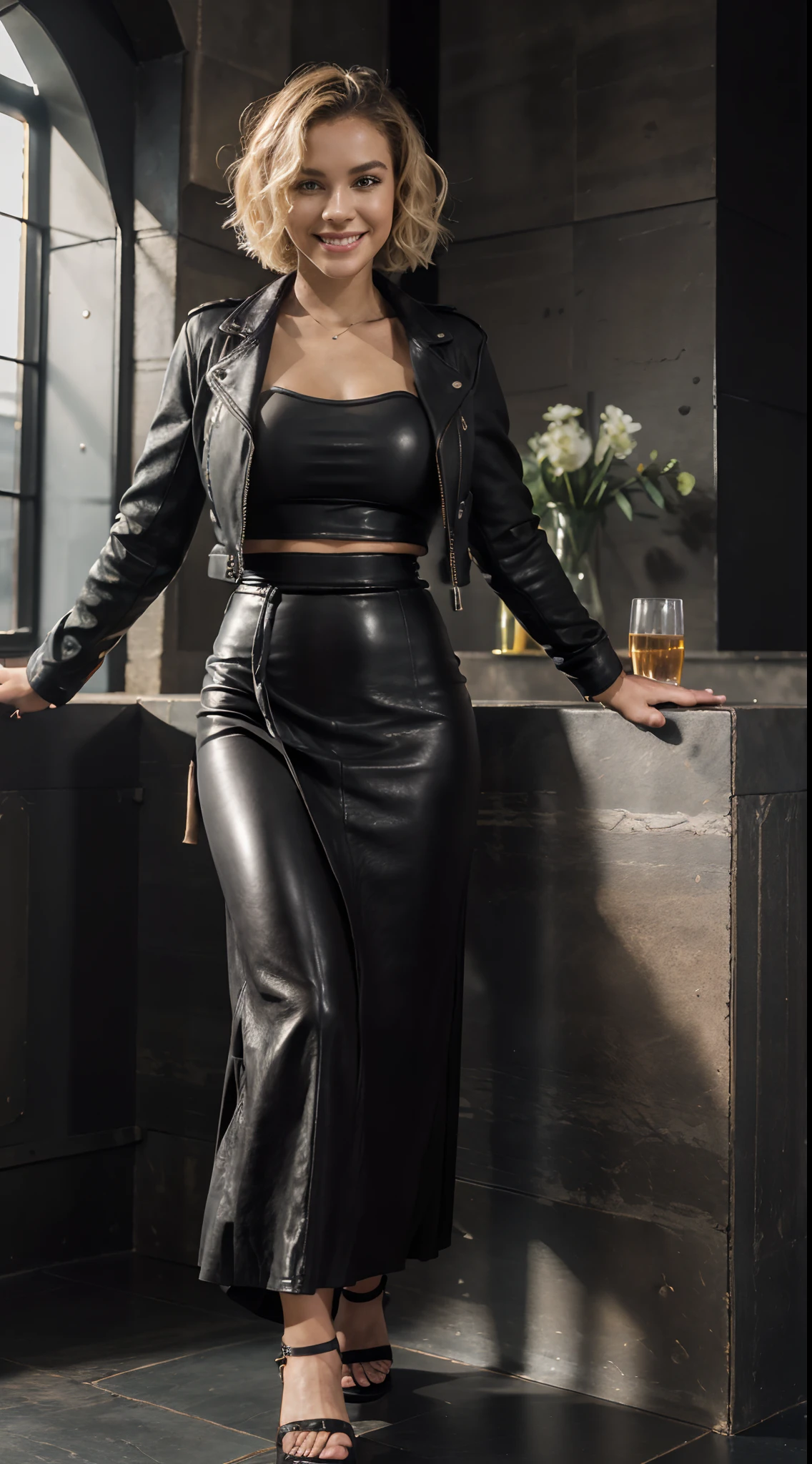 Best Quality, 8K, 32K, master piece ,ultra detailed,full body,short bob Hair , hair color is blonde,Wave hair , 27 years old ,full body(full body:1.2),leather jacket(black leather jacket:1.2),tube top ,black long maxi-skirt(black long maxi-skirt:1.2),smiling,indoor,sit in a chair,crossed leg,