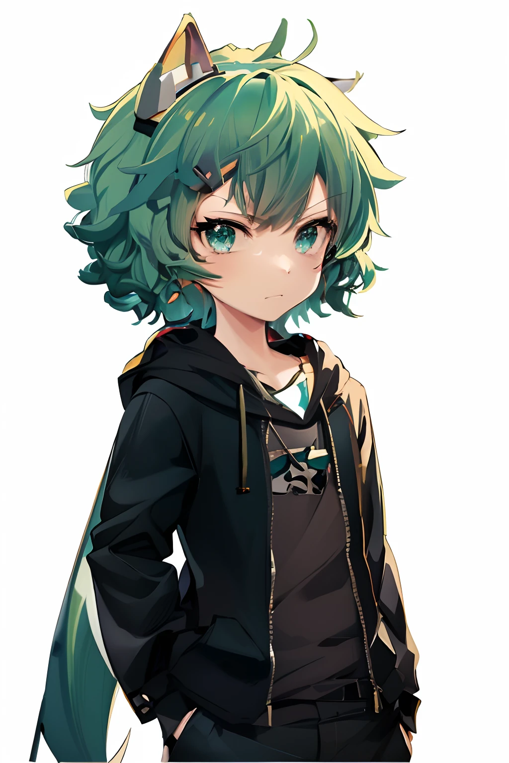 Close-up portrait of a person wearing cat ears and hoodie, nagito komaeda, anime moe art style, 2 d anime style, Anime girl with teal hair, Stylized anime, anime stylized, by Puru, High quality anime art style, Anime Boy, hatsune miku short hair, anime style character, anime style 4 k,Make an angry look