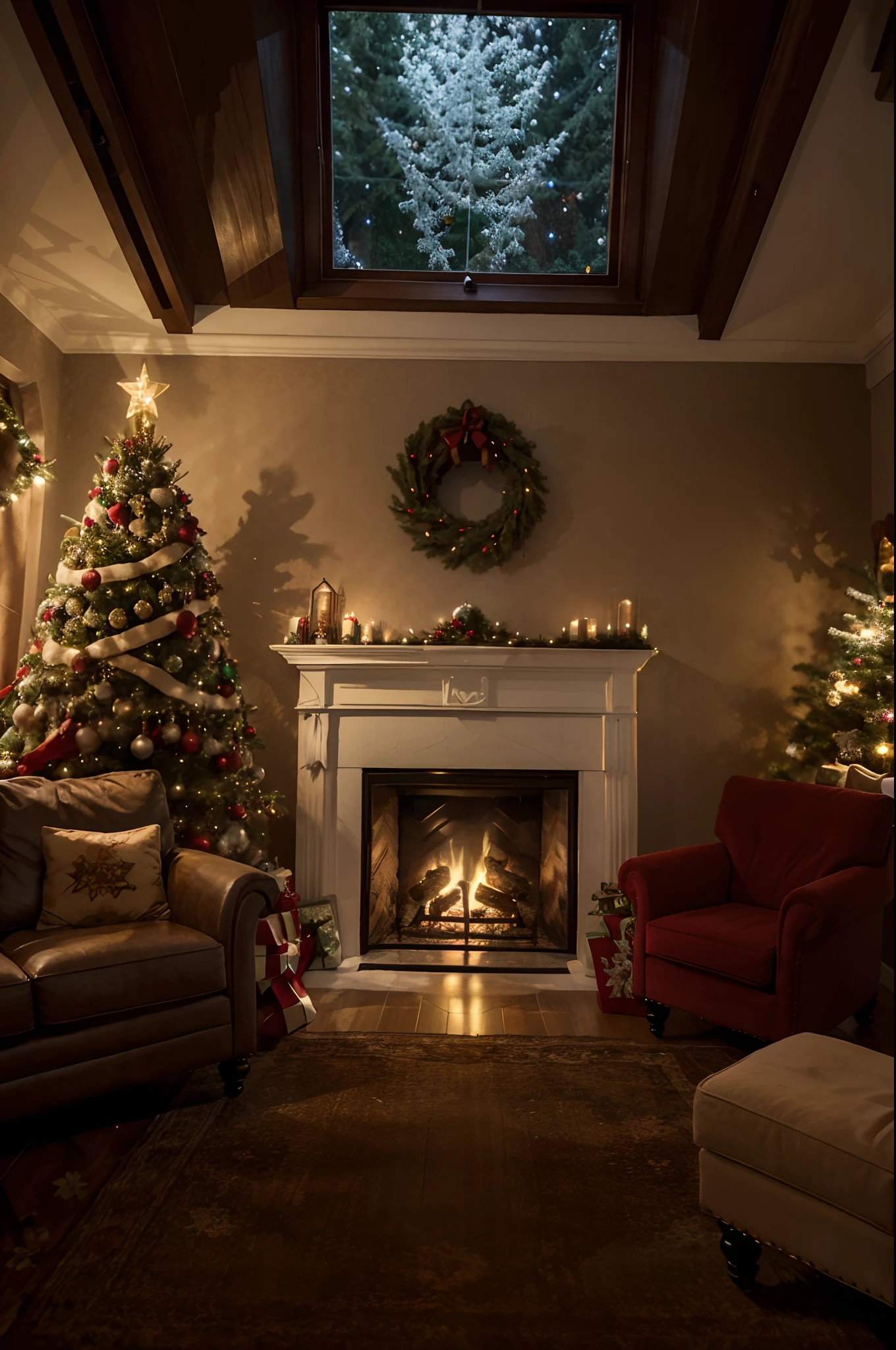 Araf view of the Christmas tree in the living room with fireplace, Christmas Night, The windows are lit up., surreal, Richly decorated, Very realistic, Christmas, Cozy ambiance, fiesta atmosphere, Snowy Winter Christmas Night, Cosy environment, Cozy ambiance, Pleasant and cozy atmosphere