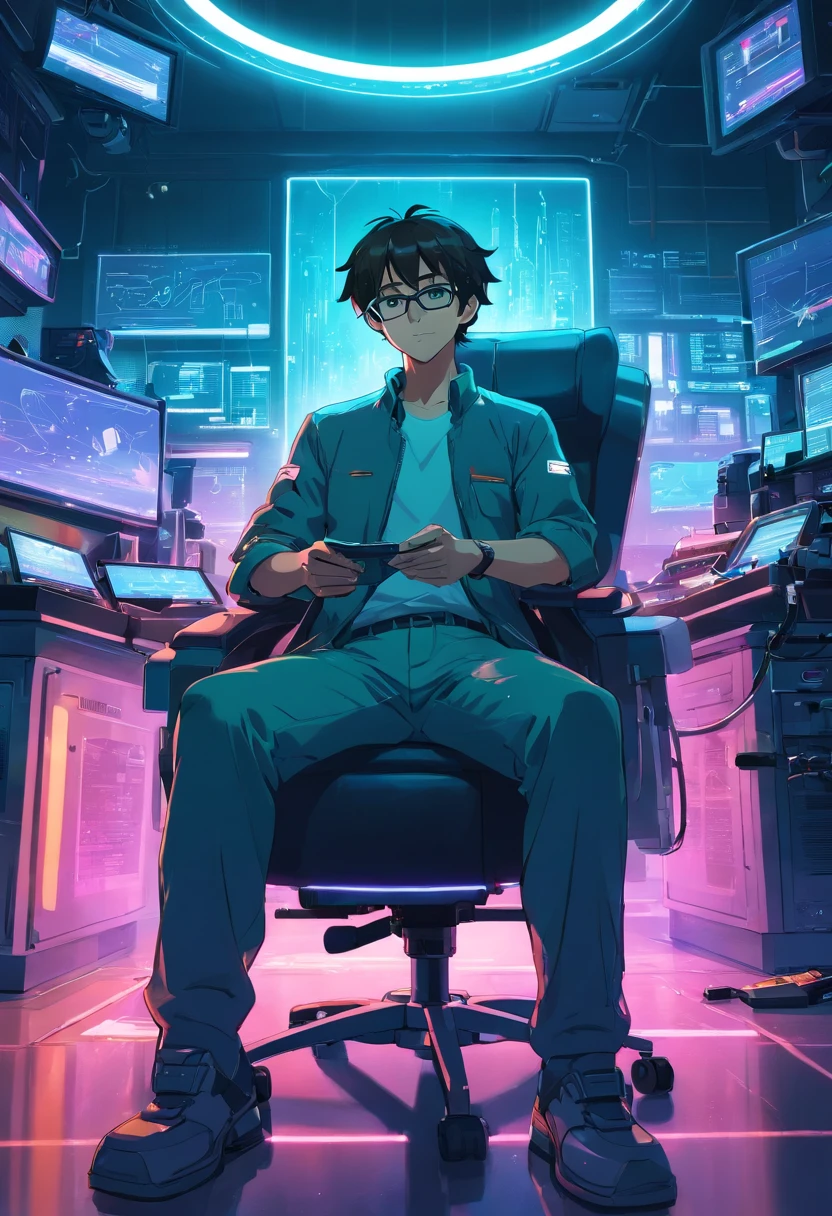 .RAW, wide angle, A man in a dark lab sitting in a chair from the future wears glasses., Pele negra avermelhada, laboratory, hardware, Ambiente Luminoso, neon light, ((cyberpunk))