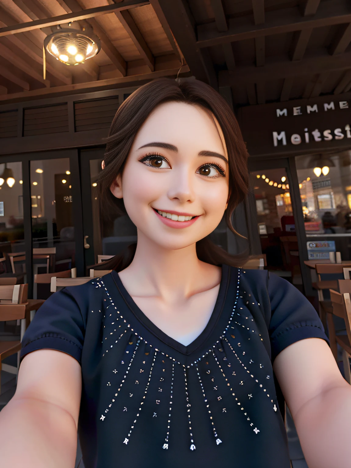 tmasterpiece, alta qualidade, a melhor qualidade,sorriso,In front of a restaurant is a young Brazilian woman, delicate facial features,veste uma camisa preta de manga curta detalhes com brilho
