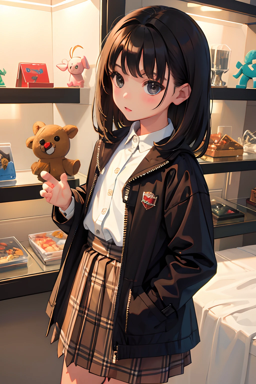 ()，（​masterpiece，Highest Quality），jaket，(Brown gingham check skirt)，A dark-haired，World of toys