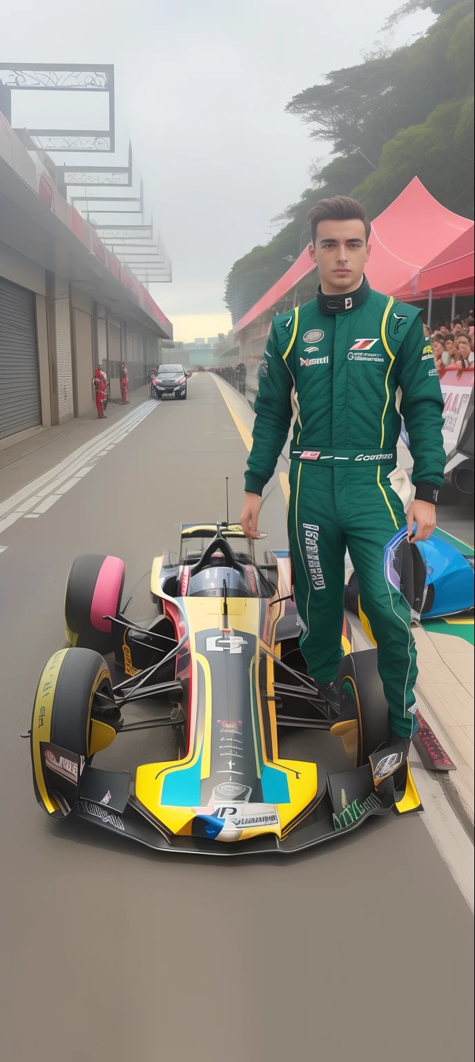 There's a man standing next to a race car on the street, na pista de corrida, album photo, 🤬 🤮 💕 🎀, em uma pista de corrida, Kacper Niepokolczycki, Daniel Dociu, tiro de corpo inteiro, Tiro frontal, retrato!!!, tiro de corpo inteiro, Corrida, corpo inteiro - frente - tiro