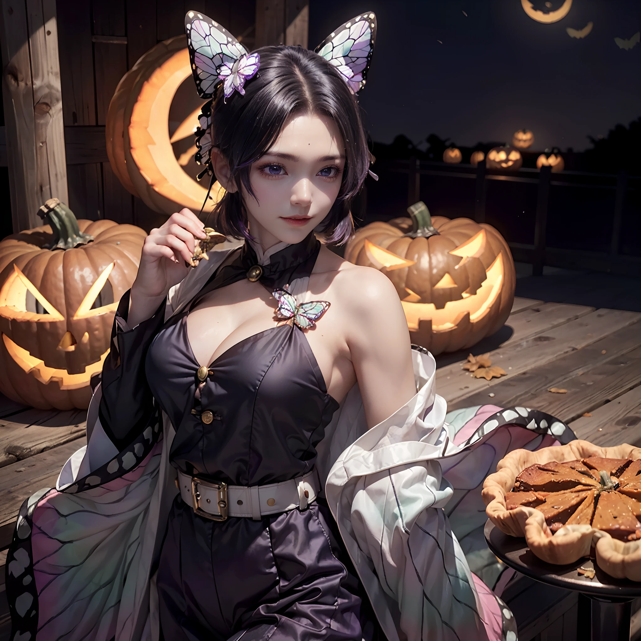 masterpiece, top-quality, top-quality, Beautifully Aesthetic:1.2, 1girl, Halloween night,
((Wearing a high-quality kochou shinobu suit over the Black button shirt:1.2)), high detailed, ((Close the Button:1.2)),
large breasts, firm breast, nicely shaped breasts, slender figure,
((Black Hair, Inner Purple colored hair):1.2), wavy hair, ((medium long hair:1.2)),
BREAK
((eating Pumpkin Pie at Halloween decorations cafe:1.2)), (upper body shot:1.1), (From side:1.3),