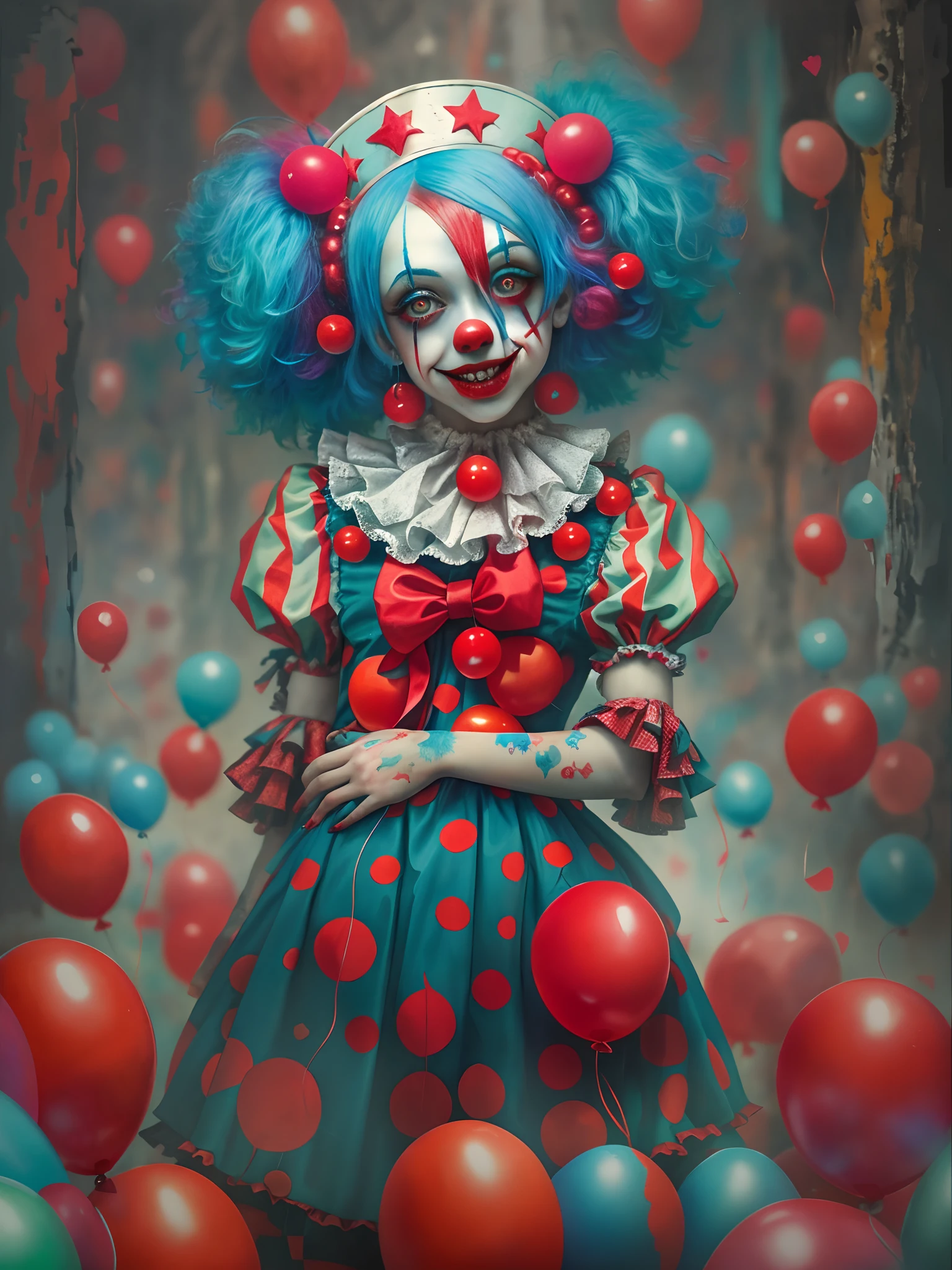 The clown with blue hair and red clown makeup is surrounded by red balloons, cutecore clowncore, creepy clown girl, scary clown, Clown Girl, Detailed painting 4 K, portrait death clown, Artstation contest winner, goth clown girl, Deviantart ArtStation CGSCOSIETY, cgsociety contest winner!!, cgsociety contest winner!!!, y 2 k cutecore clowncore