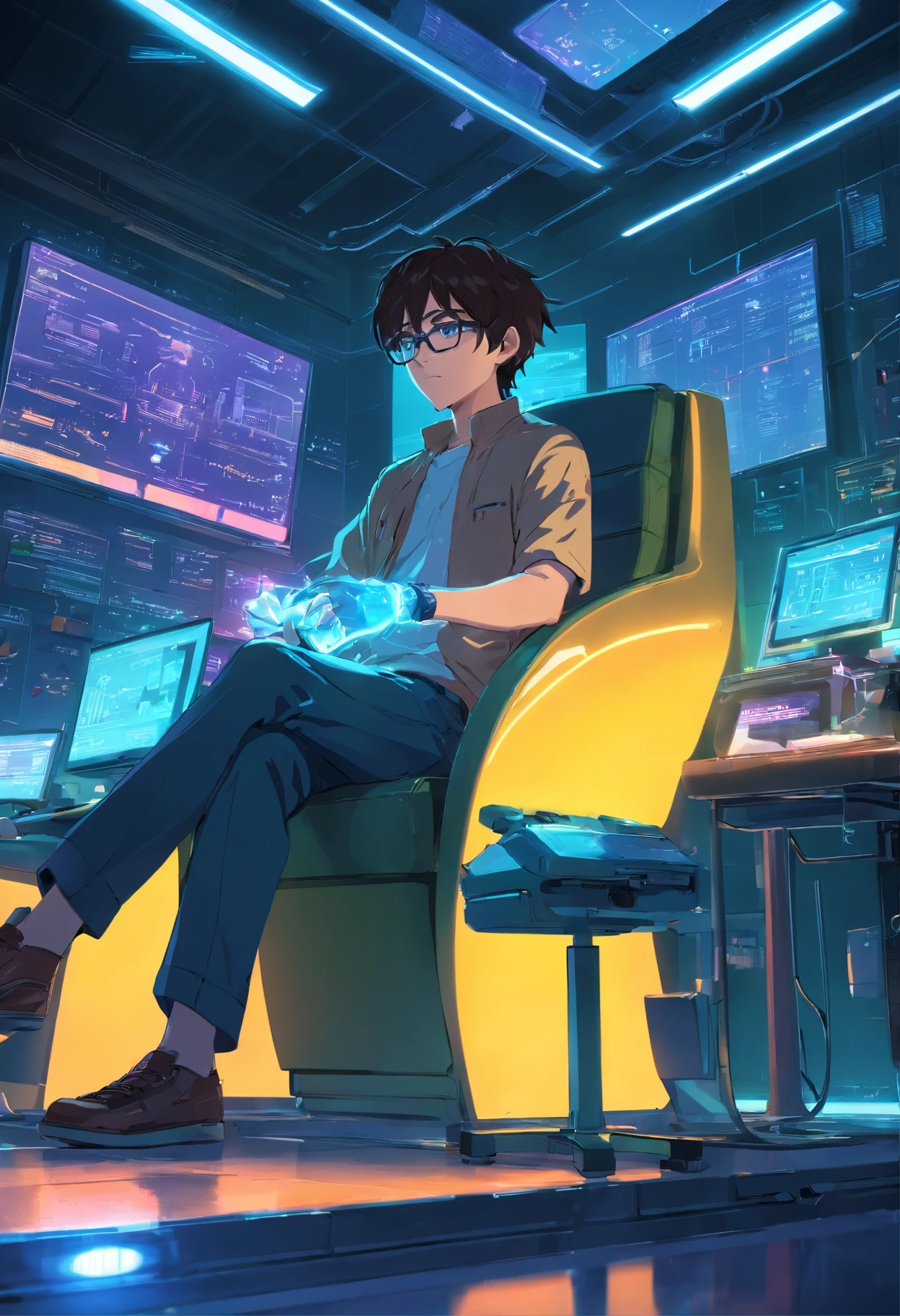 .RAW, wide angle, A man in a dark lab sitting in a chair from the future wears glasses., Pele negra avermelhada, laboratory, hardware, Ambiente Luminoso, neon light, ((cyberpunk))