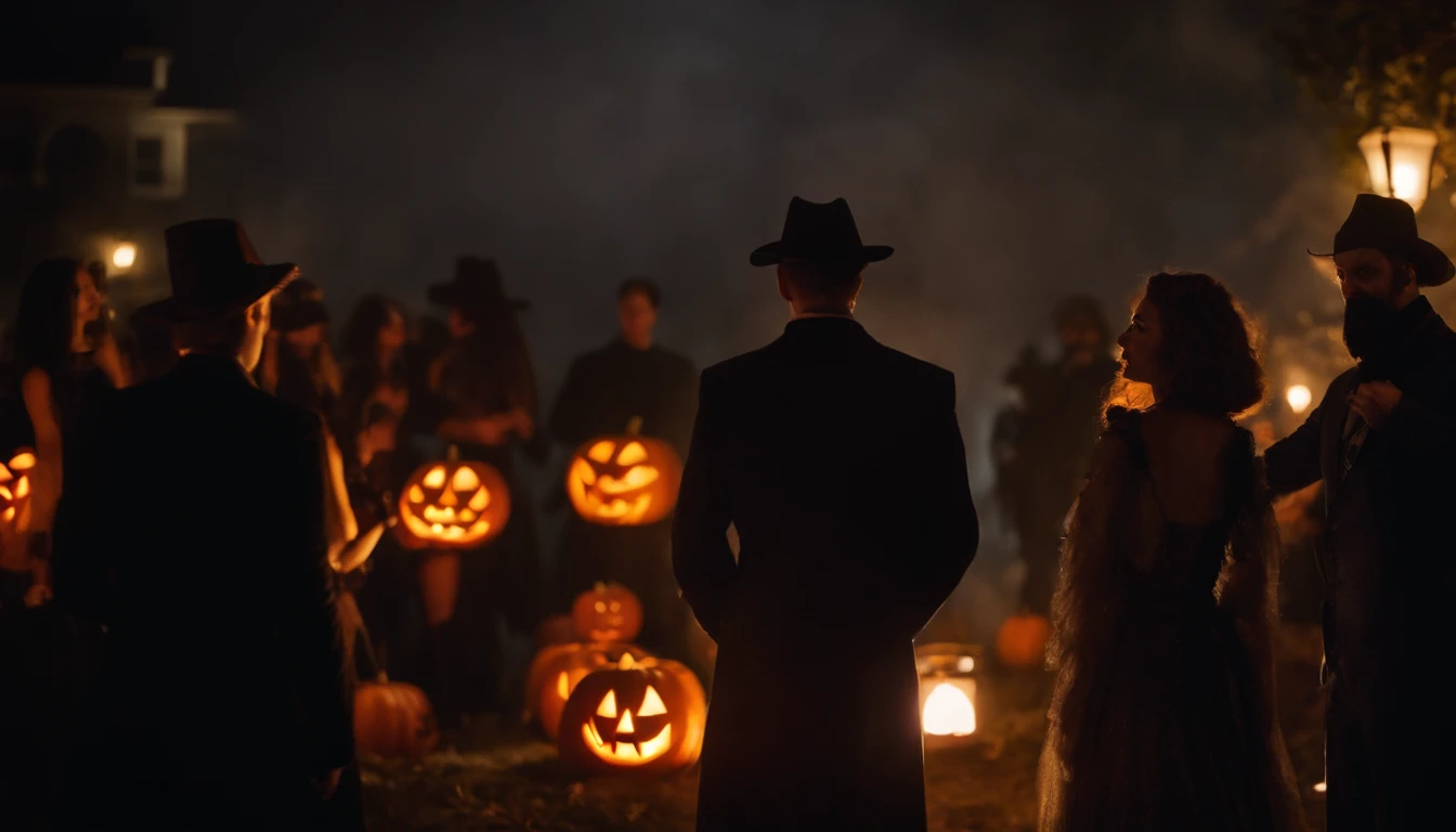 Halloween night, Lovecraft setting, Halloween party, Jack-o'-lantern, many people in sexy cosplay
