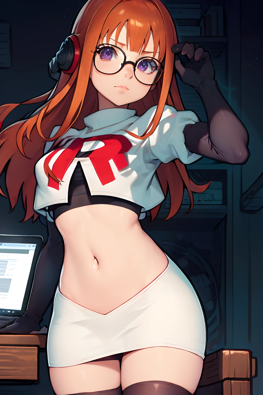 futaba sakura, orange hair, long hair, purple eyes, glasses, ahoge, team rocket, team rocket uniform, red letter R, white skirt, white crop top, black thigh-highs, black elbow gloves, typing on laptop.