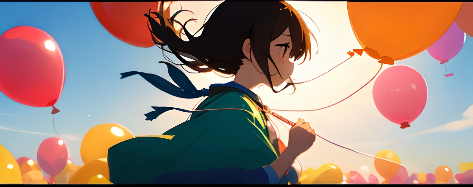 Bright girl grabbing a balloon and floating、profile