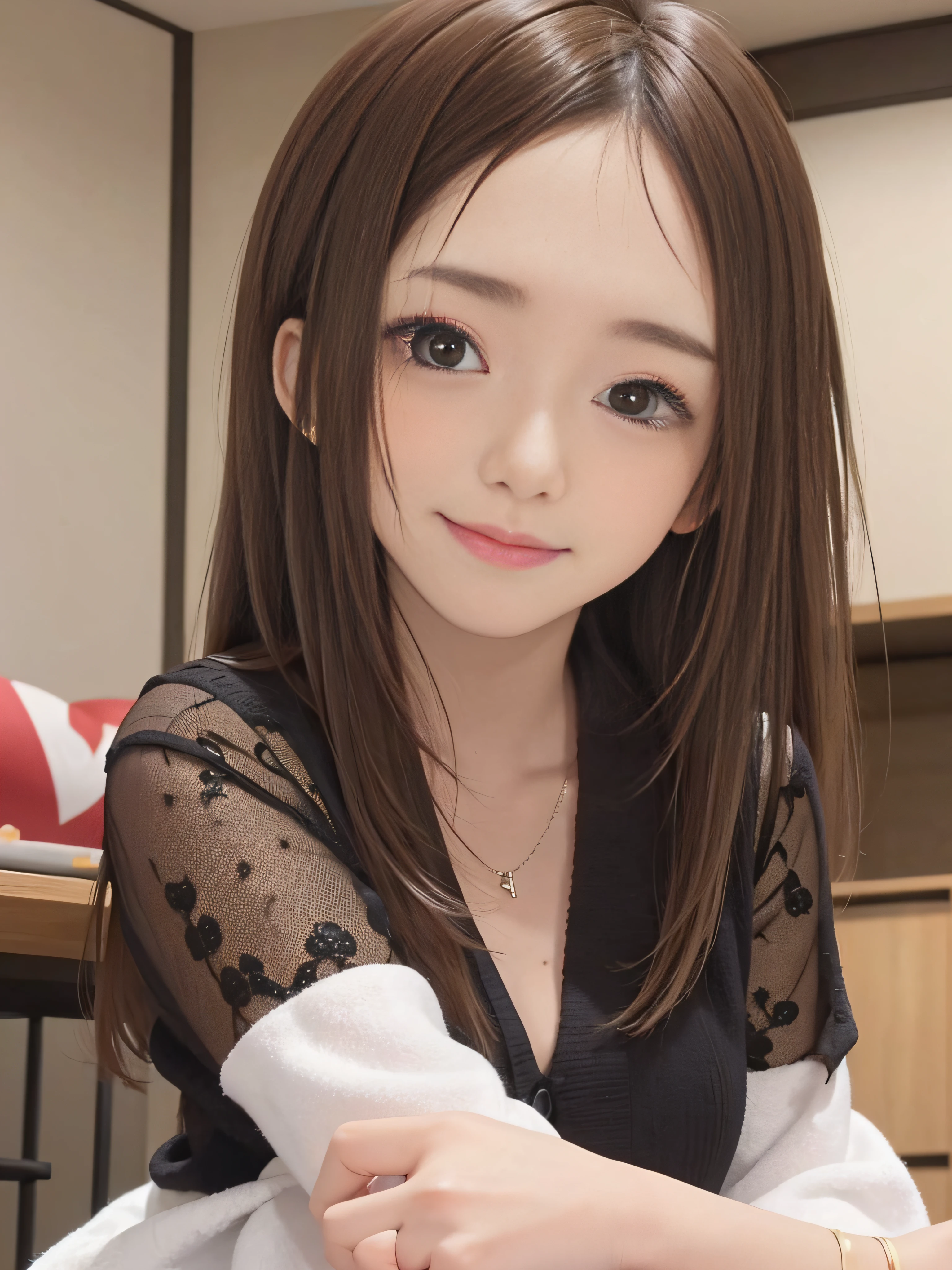 17 age、brown haired、beautidful eyes、real looking skin、small tits、(8K、masterpiece)、(reallistic、Photorealsitic)、top-quality、ighly detailed、The ultra-detailliert、Beautie、cute little、japanes、Idol、a smile、Close-up portrait、Healthy face
