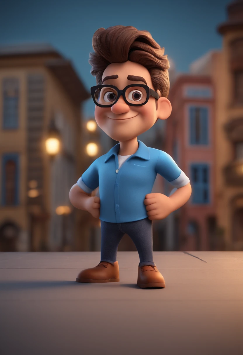 Cartoon character of a man with black glasses and a blue shirt, animation character, Caractere estilizado, animation style rendering, 3D estilizado, Arnold Maya render, 3 d render stylized, toon render keyshot, Personagem 3D, Personagem 3D, 3d rendering stylized, 3 d character render, personagem de desenho animado, Personagem de close up, Pose de personagem,  (Estilo Pixar) (master part:1.2) (Bokeh) (best quality) (pele detalhada) (textura detalhada) (8k) (argila) (Cinematic lighting) (foco nítido