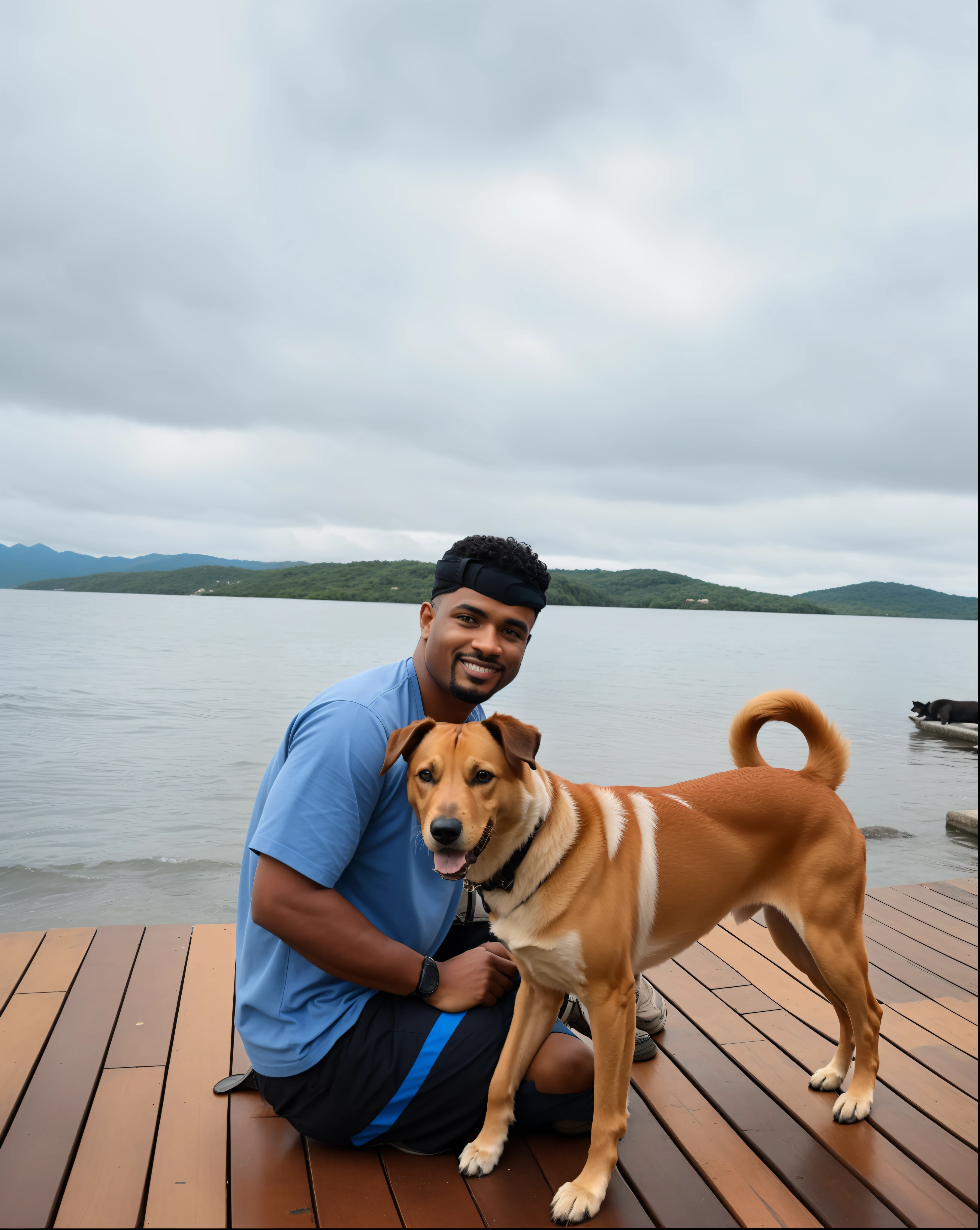 Homem sentado em uma doca com um cachorro na coleira, Directed by: Nandor Soldier, Directed by: Luis Miranda, with stray dogs, lab in the background, caio santos, with his hyperactive little dog, Directed by: Olivia Peguero, com montanhas ao fundo, by Amelia Peláez, Directed by: Felipe Seade, Directed by: Teresa Fasolino