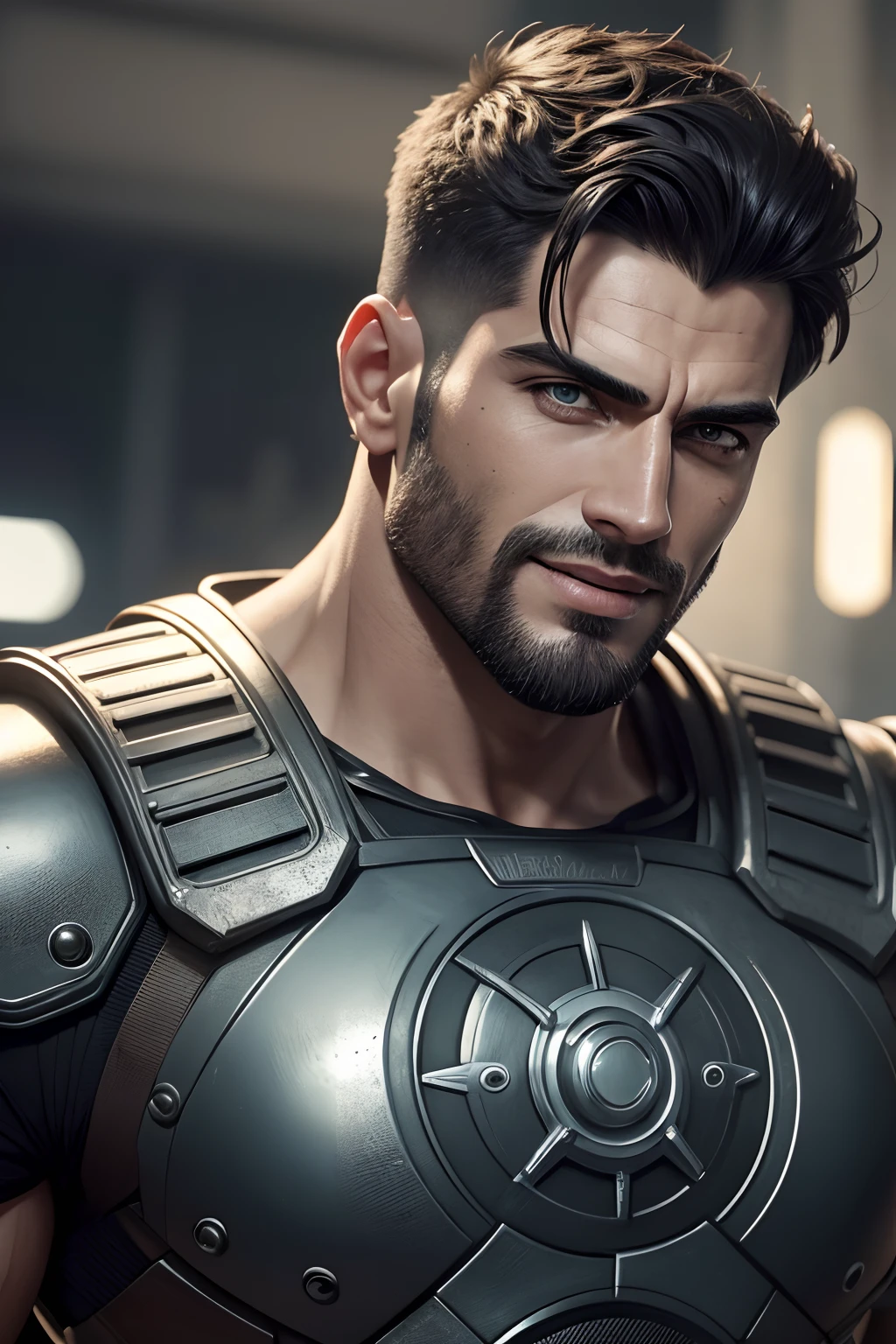 1 homem, Berserker, Sorriso, restolho, Short hair cut back, Macho, dinamic poses, olhos dourados, armaduras intrincadas, foco solo, Realistic, dynamic pose realistic, estrutura facial detalhada e correta, Handsome, atraente, levemente musculoso, Cinematic lighting, Motor irreal, trending on ArtStation, detalhes intrincados, master part, best quality, Por Irakli Nadar, Greg Rutkowski，(((best quality))),(((ultra detalhado))),(((master part)))