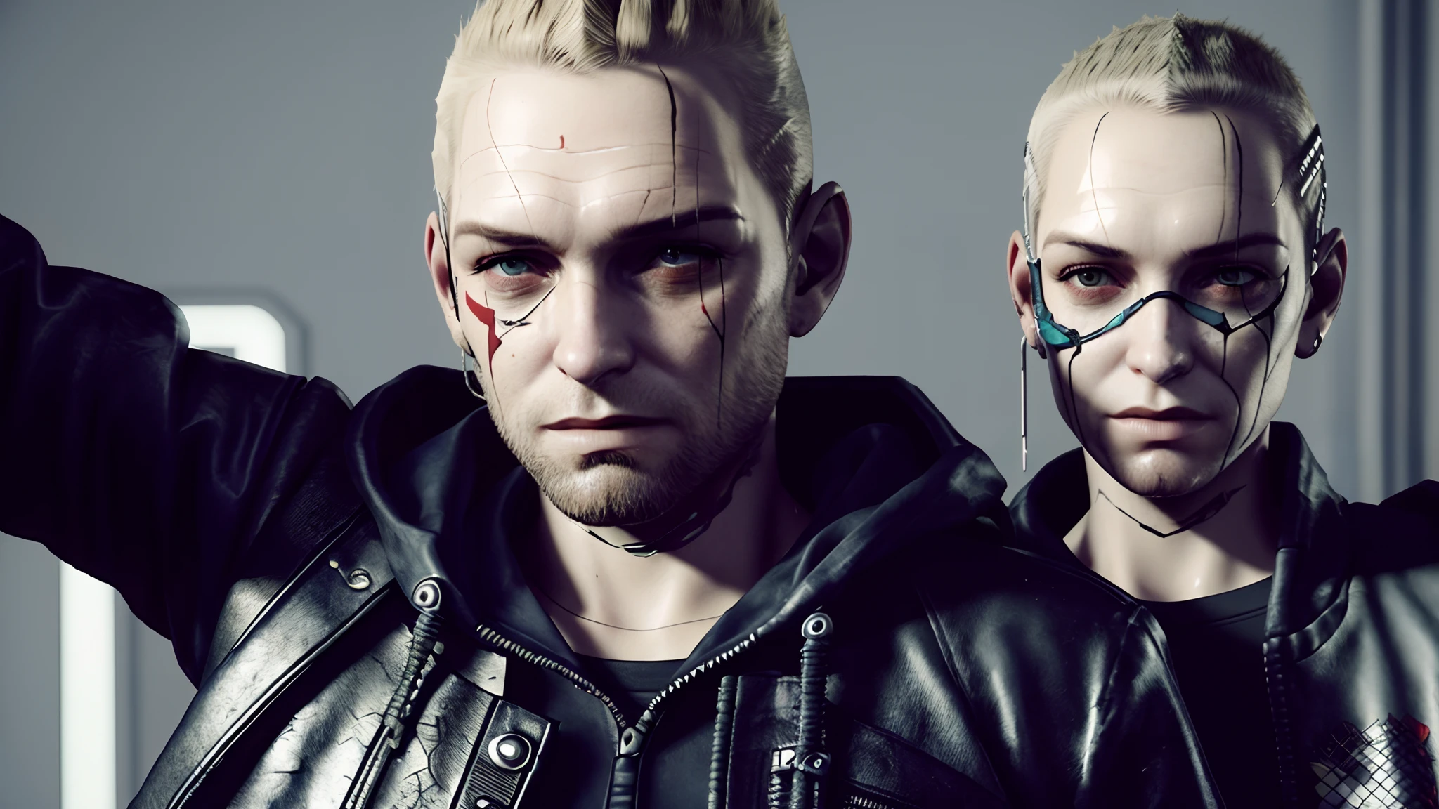 Banda de nu metal cyberpunk ano 2050 com caixas de som voadoras, 3D.