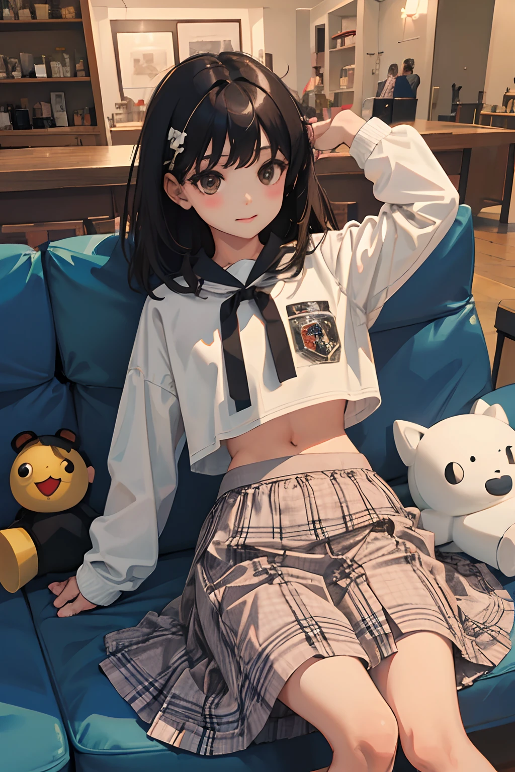 (child),(masterpiece,Highest Quality),Crop Top Look,jaket,(Brown gingham check skirt),A dark-haired,World of toys