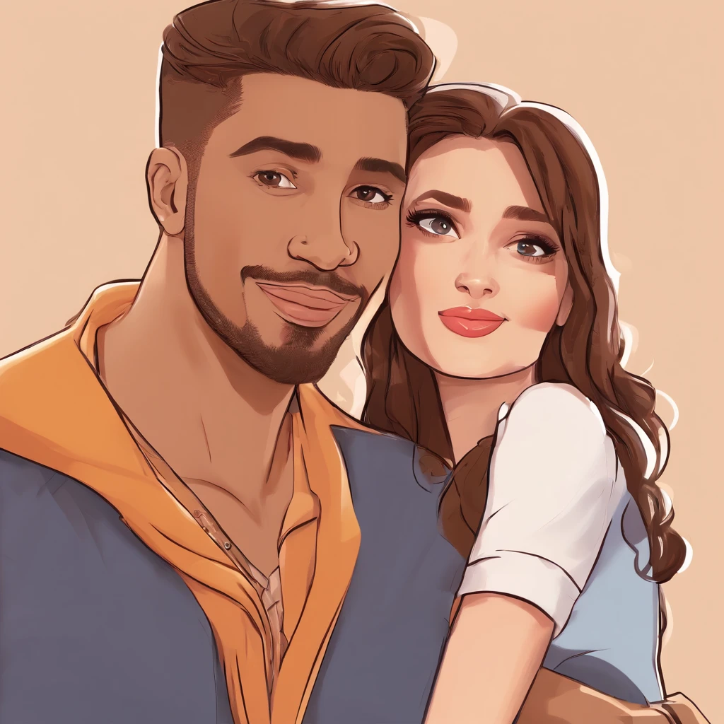 An illustration of an adorable couple, Highlight for a brown-skinned man and a white woman with beautiful expressive eyes - the man's skin is mulatto and the man's hair is straight dark brown combed to the side, ele possui barba, while the woman's skin is white and the woman's hair is long, liso e castanho. se beijando em frente ao arbusto florido, are in love, e compartilhar um momento especial caracterizado pelo amor, Insights. Illustrate this scene from a perspective where they are facing the camera, Kissing and showing your connection. Desenvolva esta arte em Full HD, Focus on your cinematic touch, Estilo Disney Pixar Animations
