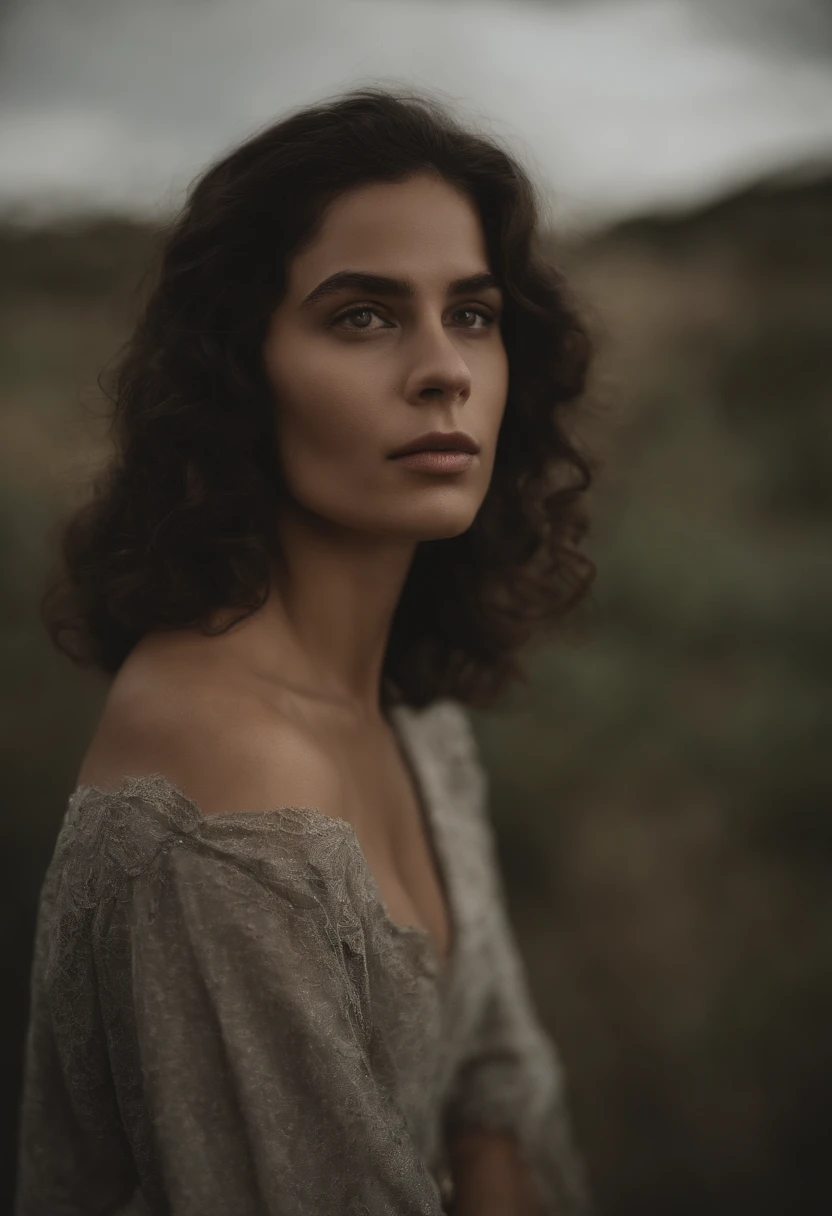 Mulher pele parda olhos pequenos nariz afilado, Small mouth, a little fleshy, black hair, curly, medium, stripped-down fashion style, is cheerful, but has been going through moments of sadness