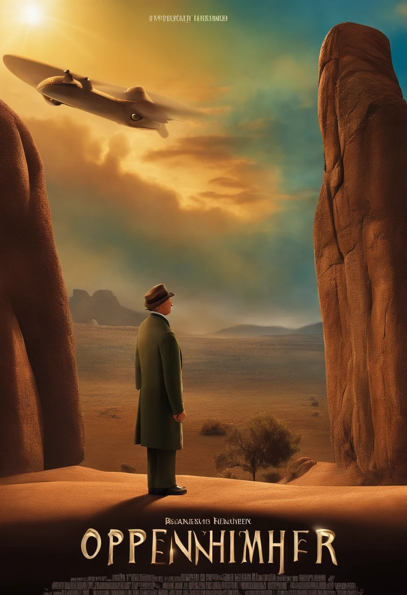 filme Oppenheimer 2023 estilo filmes Pixar, Com nome "Oppenheimer", poster, with credits