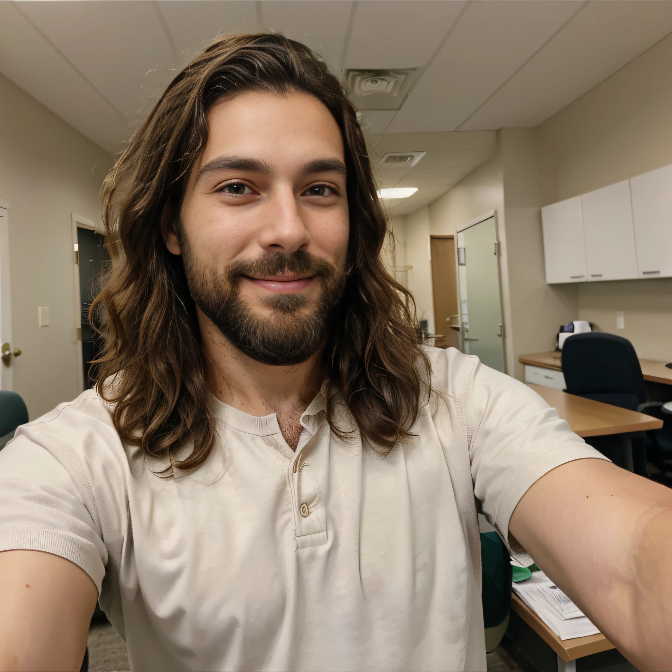 Tall brunette man with beard, deep gaze, wide smile and genuine expression, curly hair taking a selfie at work in healthcare office