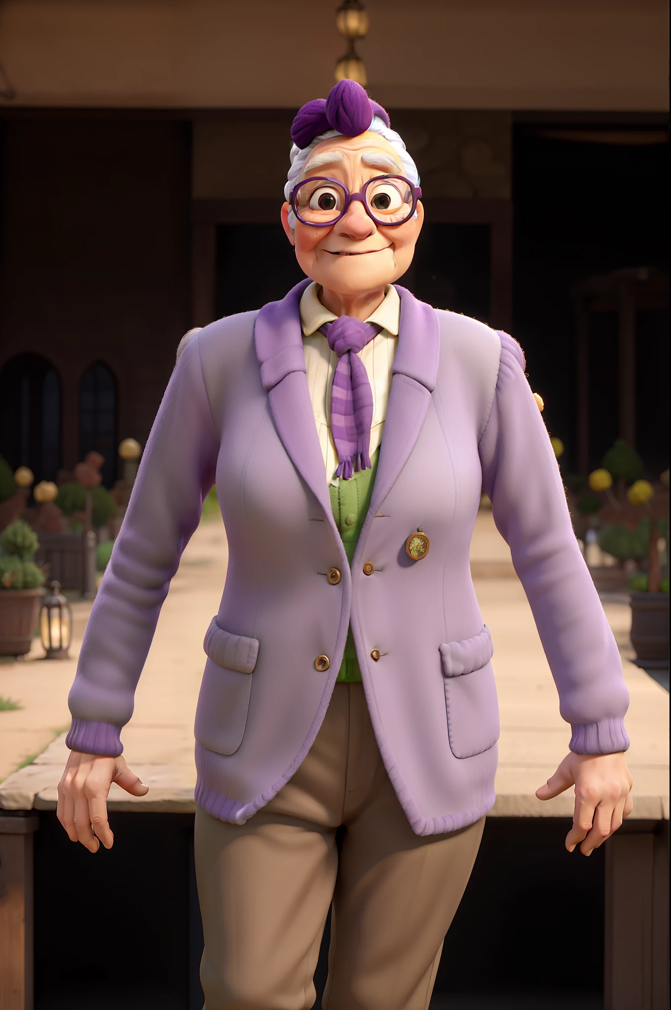 masterpiece, best quality, an old woman with glasses and a scarf on, wearing a purple coat and green scarf, standing at the park