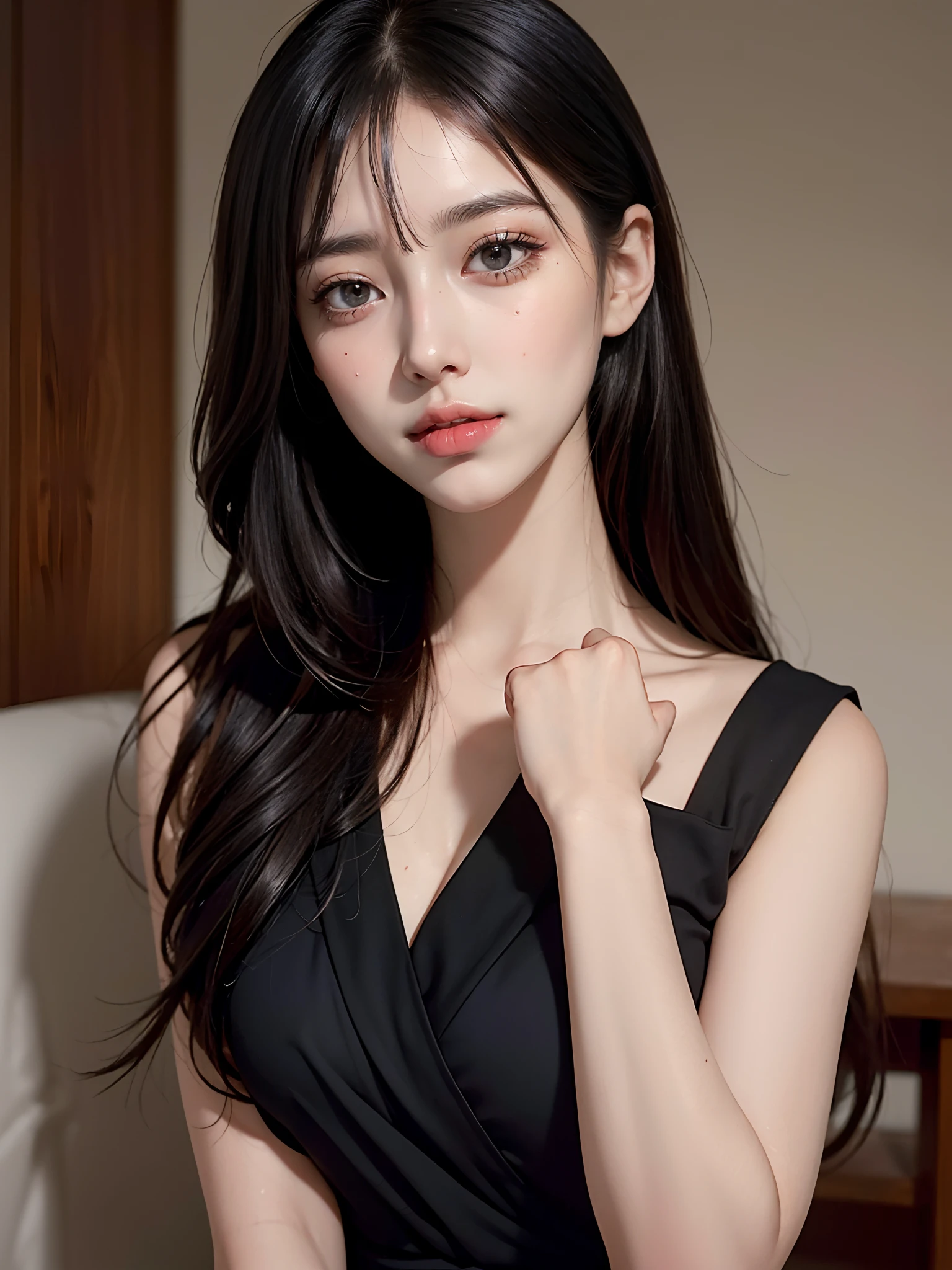 Masterpiece, Best Definition, High Quality, a beauti, Japanese, Japanese School Girls, Popular Korean makeup, detailed, Swollen eyes, Detailed Eyes, Detailed skins, beautiful skin, The ultra-Highres, (Reality: 1.4), Very beautiful, slightly younger face, beautiful skin, Slender, (ultra realisic), (Illustration), (high resolucion), (8K), (highly detaild), (Best Illustration), (Beautifully detailed eyes), (A highly detailed), (wall paper), (Detailed face), looking up at viewer, Fine details, Detailed face, pureerosfaceace_v1, Smiling, Looking straight ahead, Looking straight ahead, angle from waist up, photograph realistic, bright lighting, Professional Lighting, a blond, Long hair, dark ruins, Big Red Moon, Gorgeous red and black dress, mature woman, long stylish bangs,Kiss Shot Acerola Orion Heart Under Blade