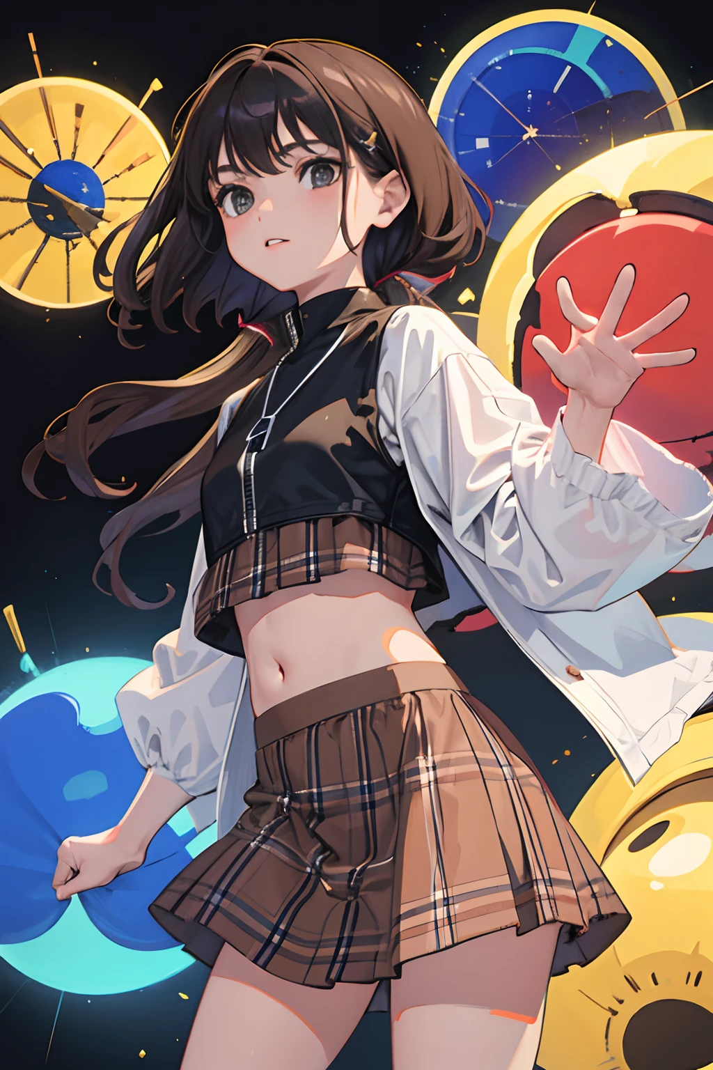 (),(masterpiece,Highest Quality),Crop Top Look,jaket,(Brown gingham check skirt),A dark-haired,World of toys