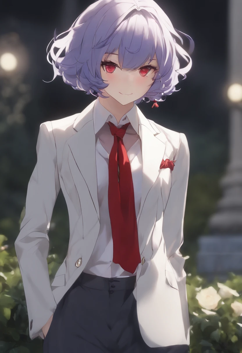 (((Remilia Escarlate))), (Asas de morcego), (Vampiro), short hair, (((cabelos azuis))), ((Standing)), ((((rosto fechado para cima)))), ((suit jacket, Camisa Tensa)), sorriso maligno,,