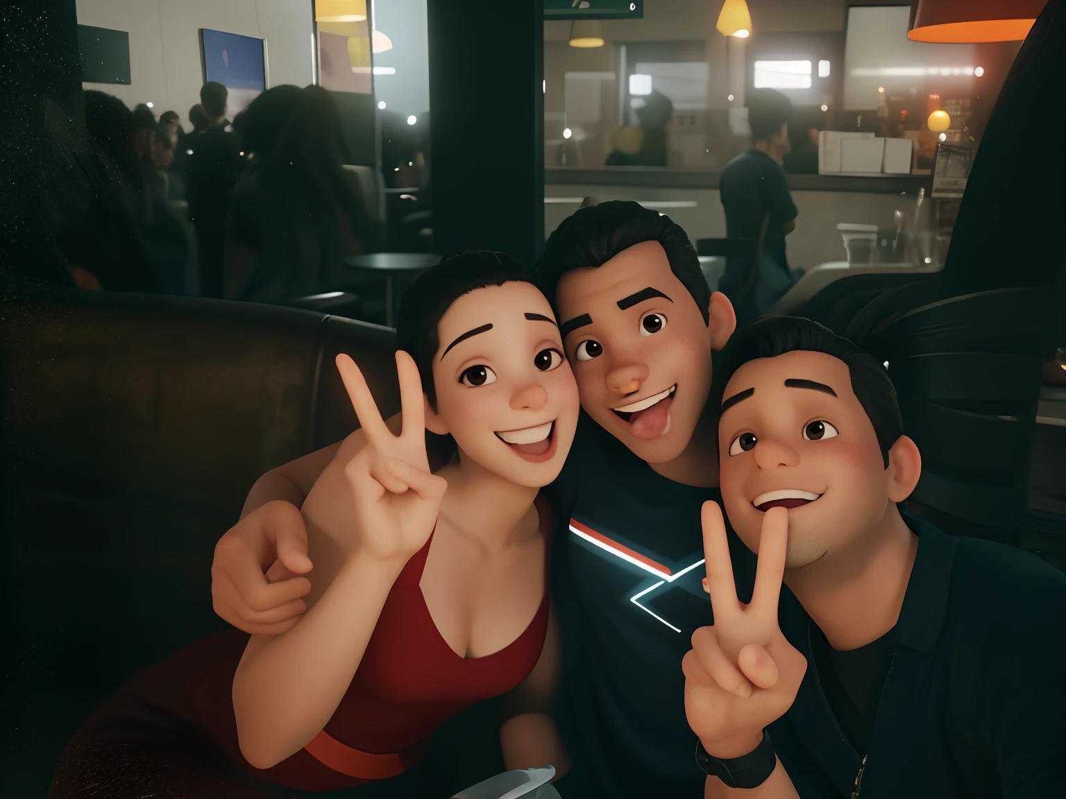 There are three people posing for a photo together in a restaurant, imagem de qualidade muito baixa, foto de baixa qualidade, imagem de perfil, with red haze and a massive grin, Fotografia tirada em 2 0 2 0, granulado de baixa qualidade, taken in the early 2020s, artista desconhecido, foto do perfil, fotografia de baixa qualidade, foto de perfil 1024px. The person in the middle has his tongue out