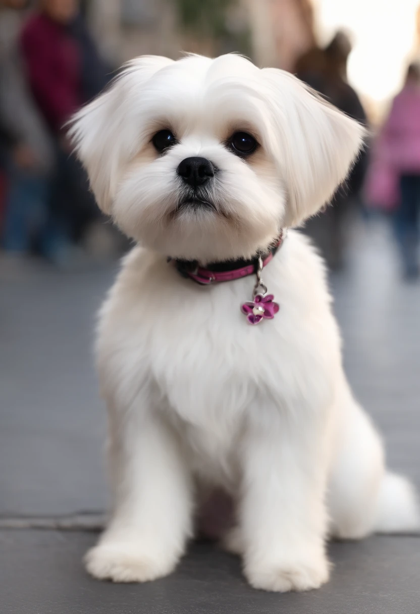 Disney pixar style dog, sitting on the sidewalk, white with smooth fur and pink collar with the name Judith, and next to it another disney pixar style dog, black and white Lhasa Apso breed, with a collar with the name Nina . both dogs the same size.