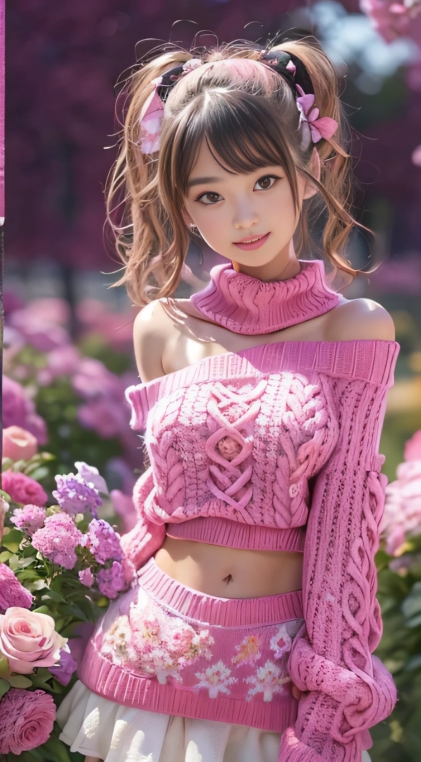 (pink oversized_sweater:1.3),(off one shoulder:1.3), upper_body, adorable, yo, japanese sultry girl, dark hair, hair scrunchie, twintails, (smile:0.9), looking at viewer, flower garden , roses, sunset, (extremely detailed skin:1), (best quality:1.0), (ultra highres:1.0) ,(photo realistic:1.2), (ultra detailed:1.0), (8k RAW photo:1.1), breast, Pink knitted sweater