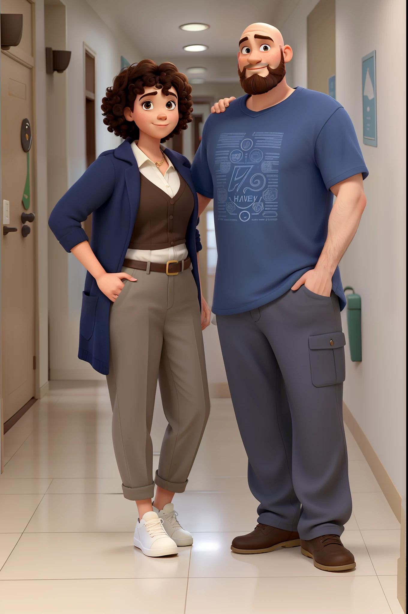 A couple of woman with and short curly hair and white man with beard and bald head standing in a hallway in Disney Pixar style, alta qualidade, melhor qualidade