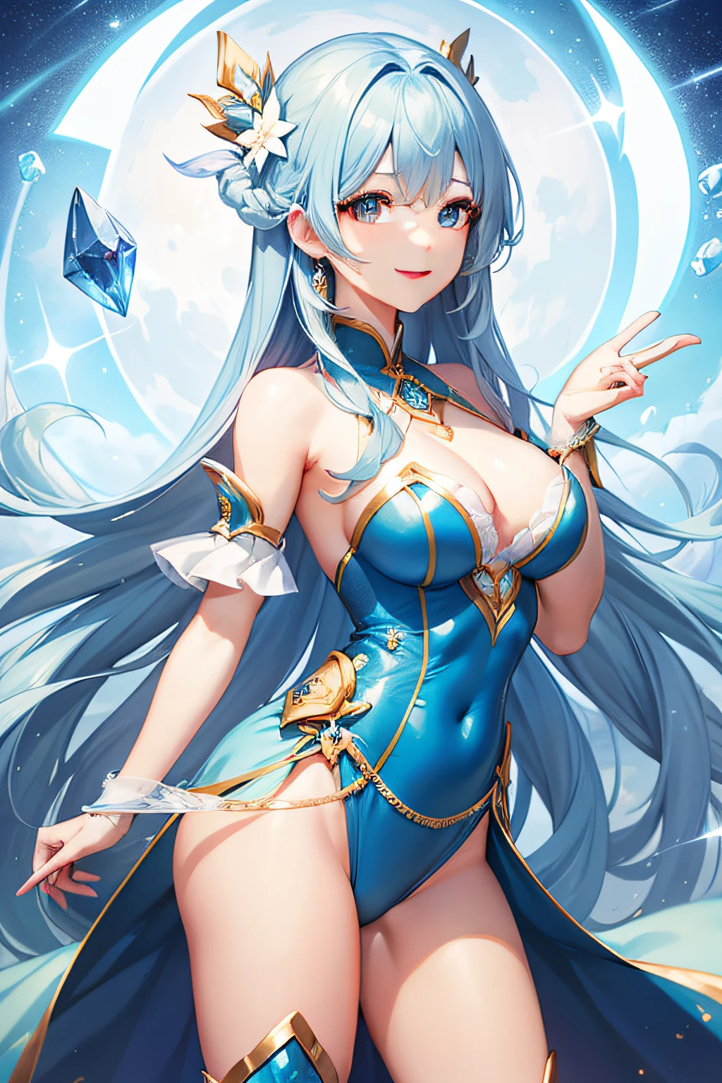 Pretty girl、A charming smile、Blue Long Hair、Engaging pose、Blue and white costume、Fantasia、Crystal jade、constellation、a moon、Fantastic background