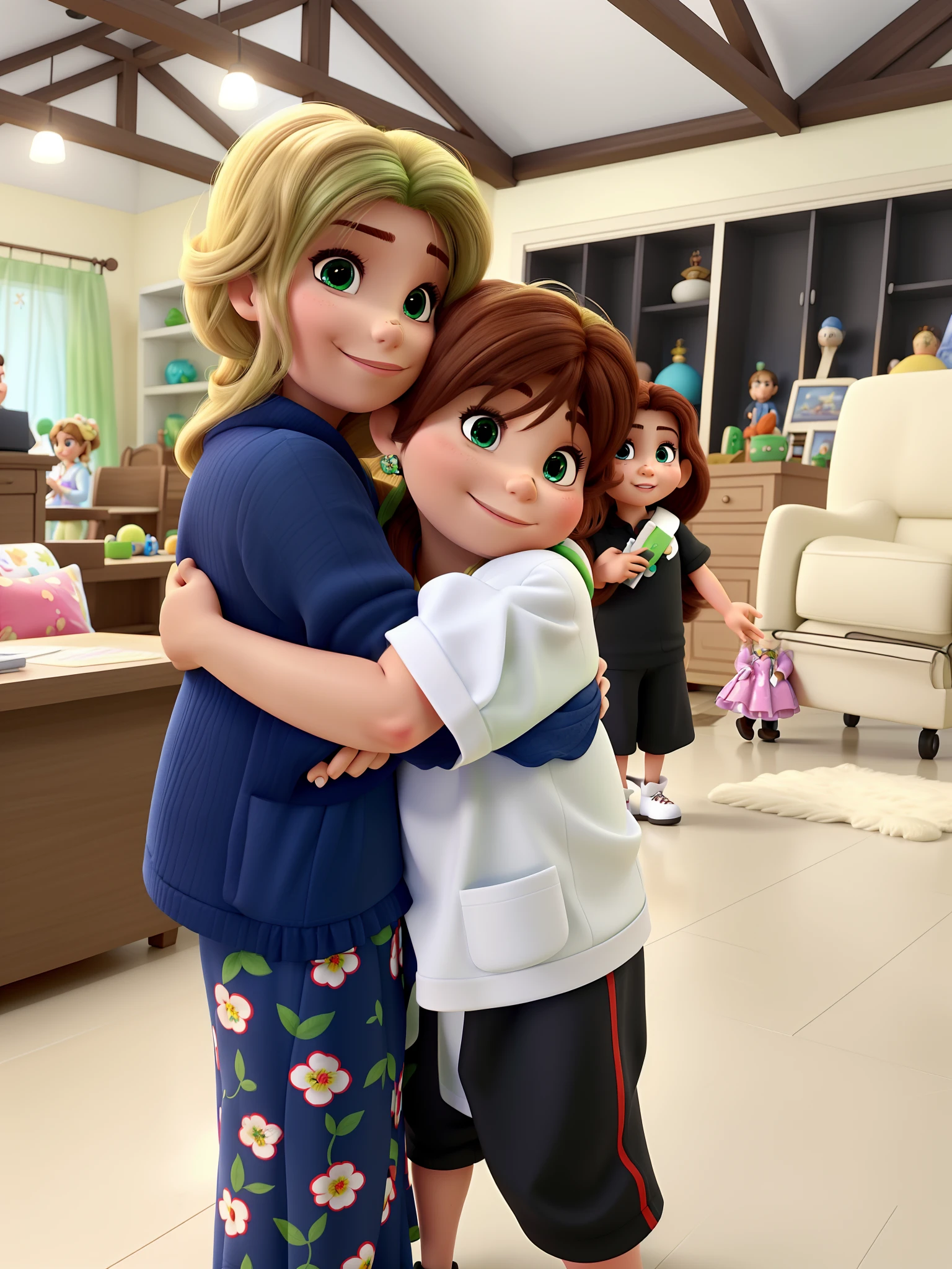 Cousins hugging each other, Maria de cabelos cacheados loiros e de olhos verdes, o menino d caboclos lisos castanhos e  olhos castanhos , Disney pixar | |