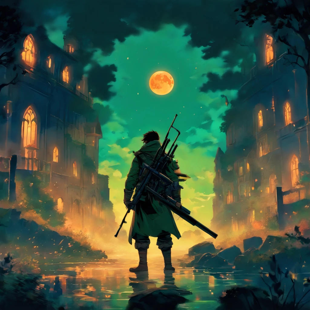 A sniper with a Winchester in his hands, e muito destaque para a marca Winchester, Luzes flutuantes de dia das bruxas, Cinematic light and reflection, luzes brilhantes, Intermediate elements of the metaverse,pintura digital, reflexos brilhantes, Pensando, dia das bruxas Jack-o'-lanterna, noite calma, digital illustation, bela atmosfera, Skylight at night, Calm atmosphere at night, Jack-o'-lanterna, dia das bruxas, a noite, Themoon, A cena do jogo, dia das bruxas, cercado por nuvens, Buildings in medieval Europe, telhas esmaltadas, UE, cores lindas, There are three arches in the foreground((tinta colorida)), ( (Tinta Splash ) ), ((Tinta Splash) Inky})), tmasterpiece, alta quaridade, graphics beautiful, alto detalhe,Magnificent