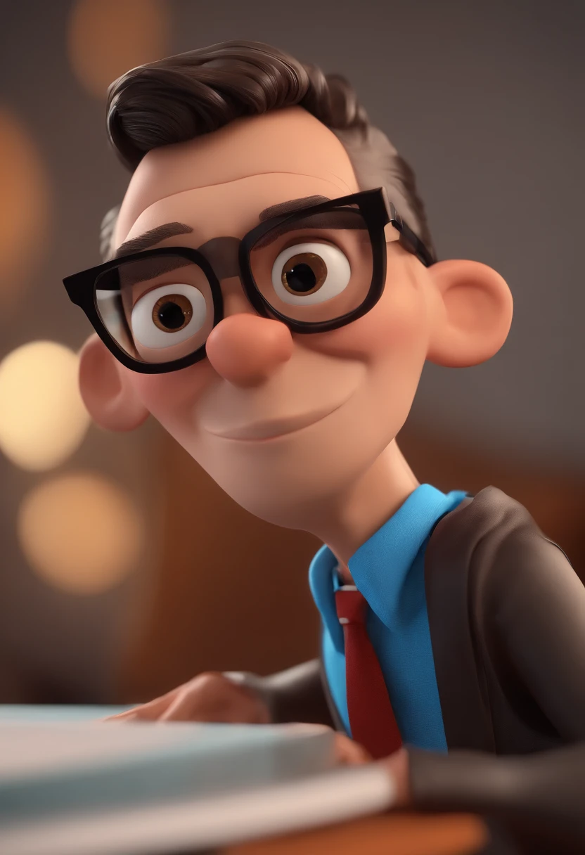Cartoon character of a man with black glasses and a blue shirt, animation character, Caractere estilizado, animation style rendering, 3D estilizado, Arnold Maya render, 3 d render stylized, toon render keyshot, Personagem 3D, Personagem 3D, 3d rendering stylized, 3 d character render, personagem de desenho animado, Personagem de close up, Pose de personagem,  (Estilo Pixar) (master part:1.2) (Bokeh) (best quality) (pele detalhada) (textura detalhada) (8k) (argila) (Cinematic lighting) (foco nítido