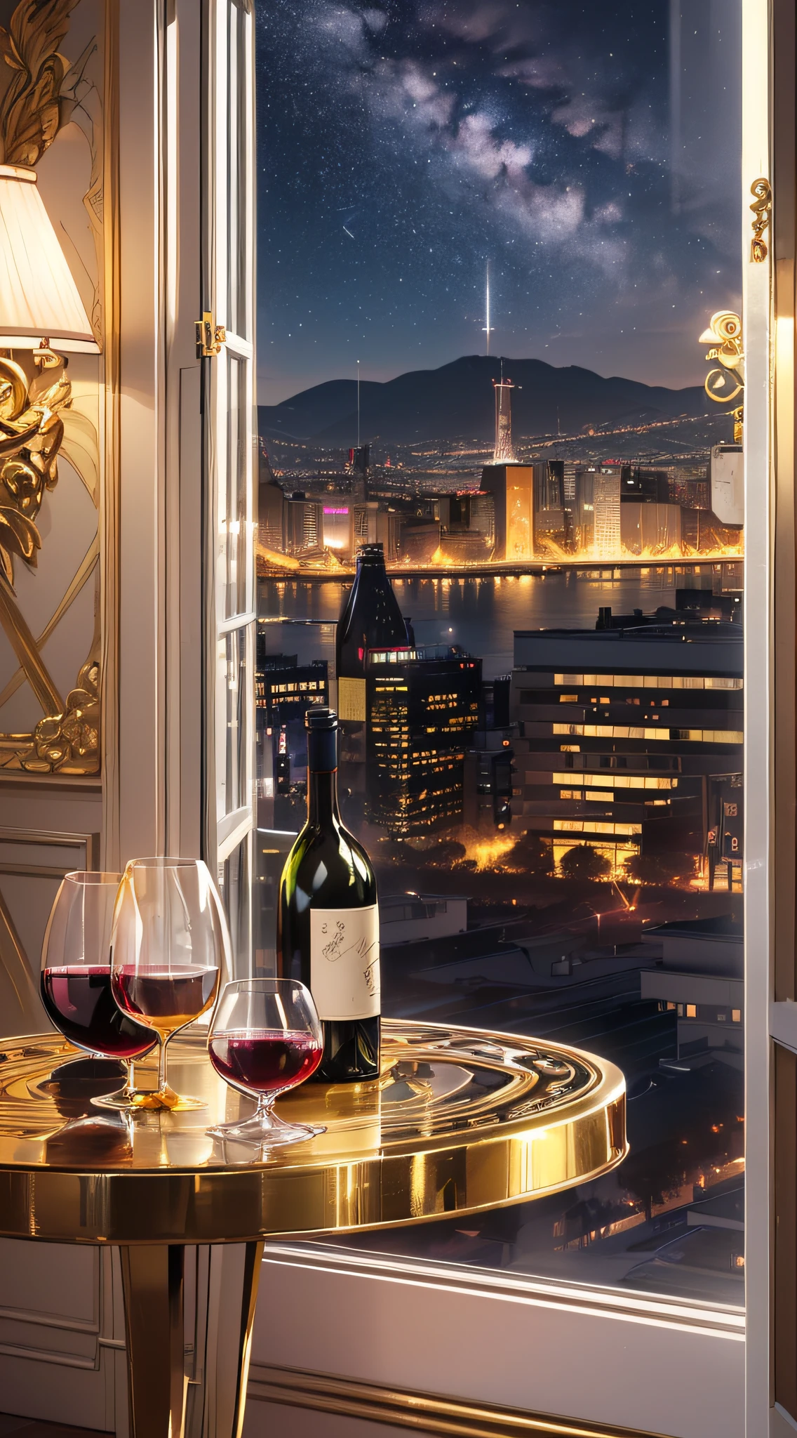 top-quality、Top image quality、masterpiece、girl with((20yr old、Best Bust、big bast、Bust 85,beautiful golden eyes、Breasts wide open,Blonde long hair、A slender、Large valleys、Gold Bikini、Gold Dress,Leaning forward、Erotic face、))hiquality、Beautiful Art、Background with((Luxury Hotels、Golden Chain、Stylish table、Wine bottles and glasses、A window with a night view)))masutepiece、visualart、depth of fields、