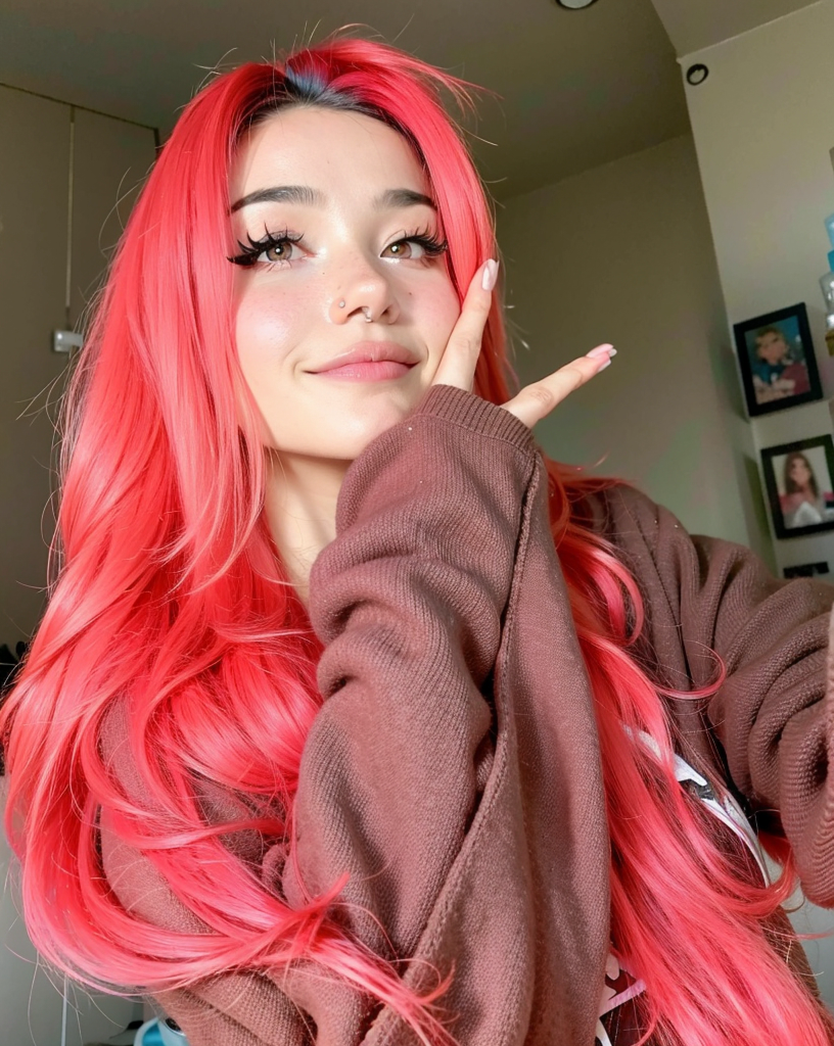 Arafed woman with pink hair and brown sweater posing for a photo, Hermosa Delphine, peluca roja, Ella tiene el pelo largo redorange, red tinted hair, con cabello rosado, Cabello rosa largo y suelto, Cabello largo y rosado, con el pelo largo y rojo, Amouranth, Pokimane, cabello liso rosa, con el pelo rojo, Pelo rosa de cola doble y ojos cian