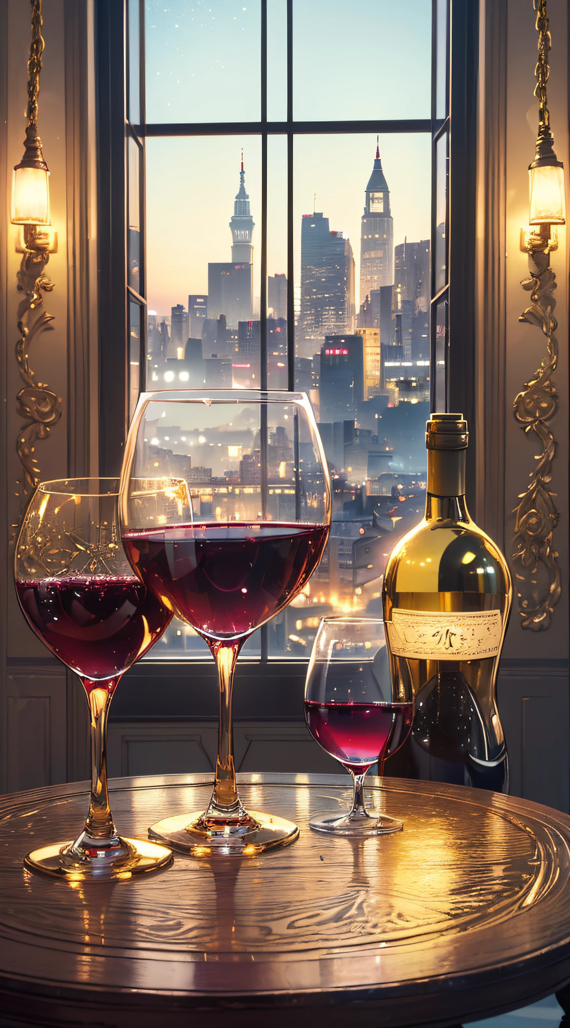 top-quality、Top image quality、​masterpiece、girl with((20yr old、Best Bust、big bast、Bust 85,beautiful golden eyes、Breasts wide open,Blonde long hair、A slender、Large valleys、Gold Bikini、Gold Dress,Leaning forward、Erotic face、)）hiquality、Beautiful Art、Background with((Luxury Hotels、Golden Chain、Stylish table、Wine bottles and glasses、A window with a night view)))masutepiece、visualart、depth of fields、